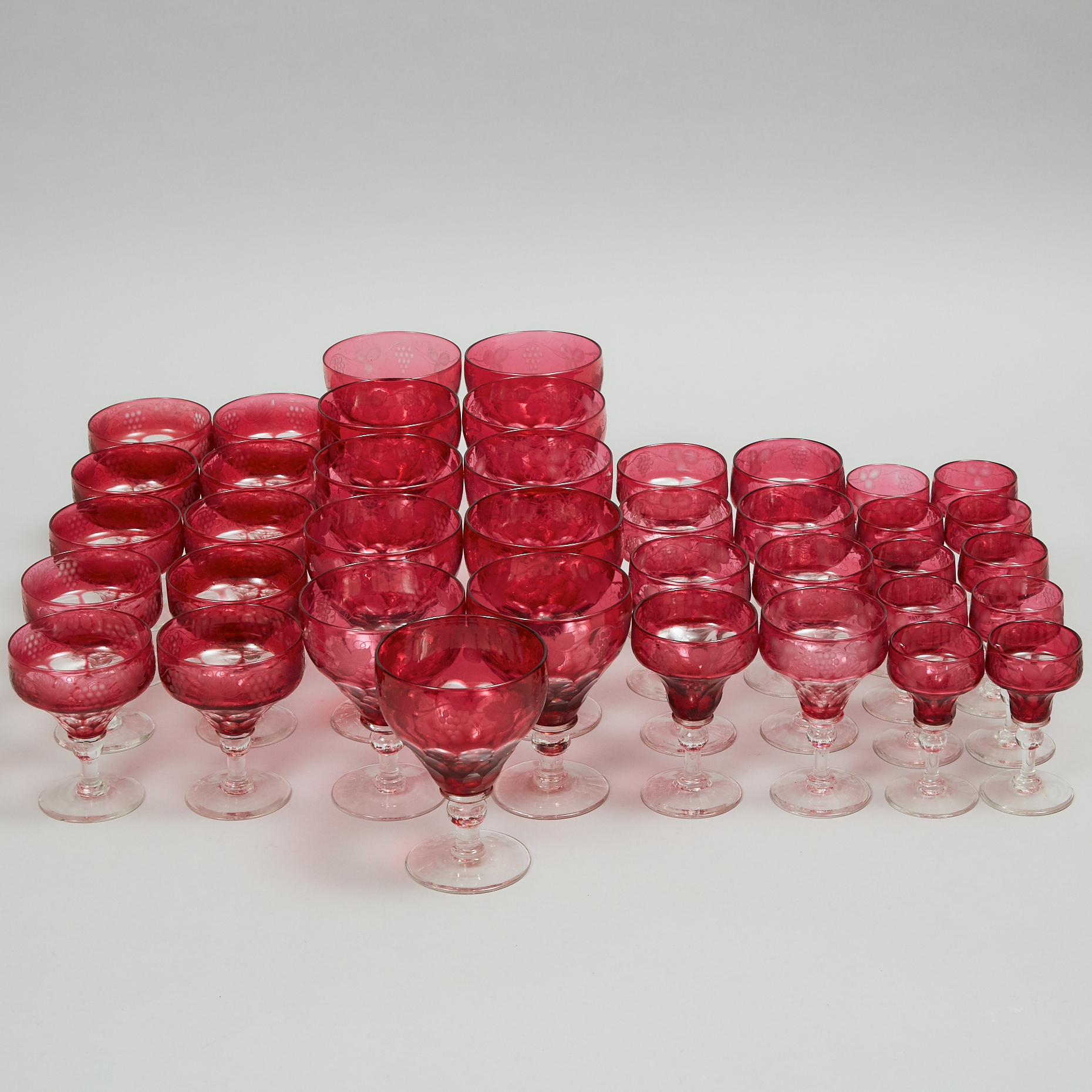 Victorian Red Overlaid, Cut and Etched Glass Stemware Service, 19th century