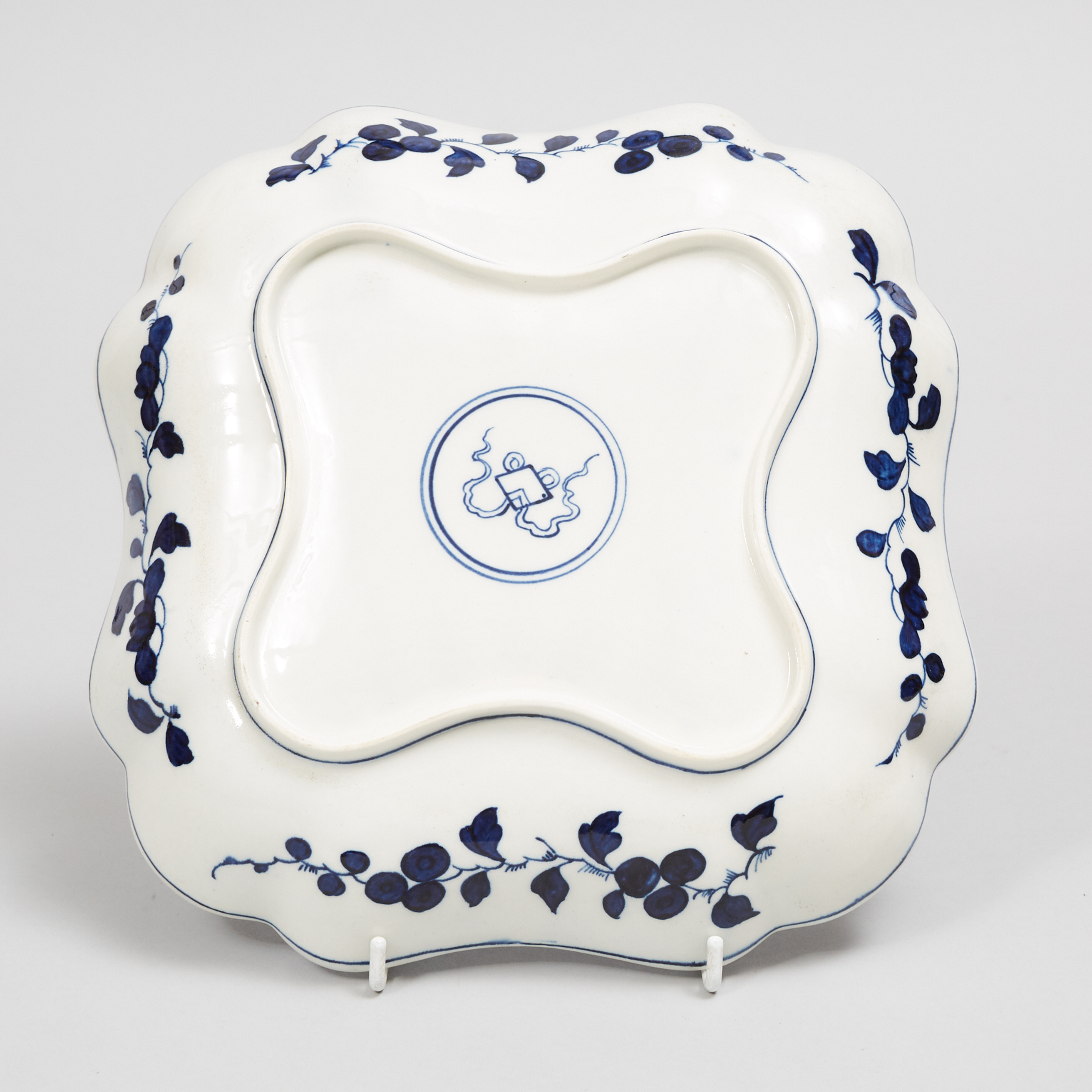 Worcester Blue Painted 'K'ang Hsi Lotus' Pattern Square Dish, c.1770-75