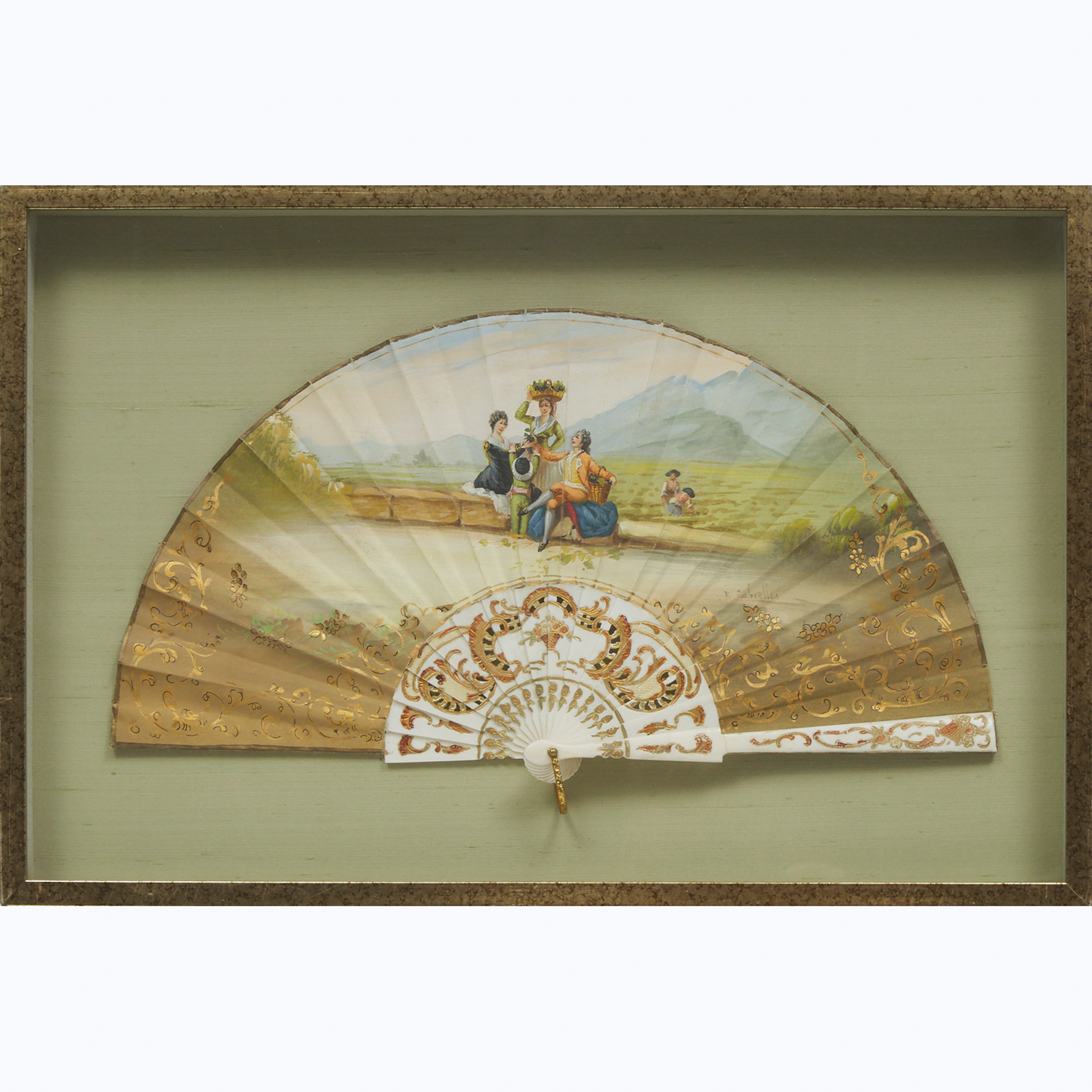 Frame Cased French Painted Linen Fan, early 20th century