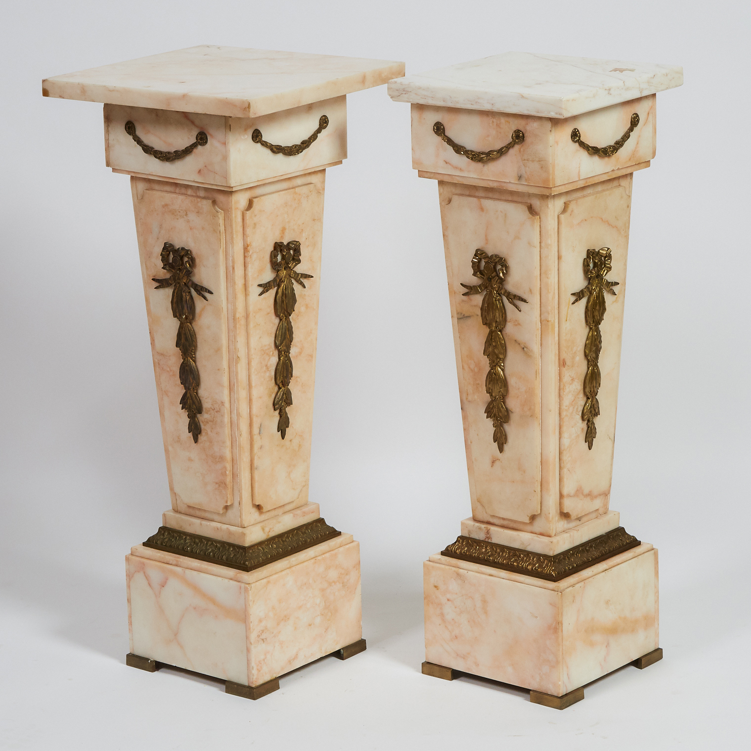 Pair of Louis XVI Style Ormolu Mounted Marble Tapered Column Form Pedestals, early 20th century