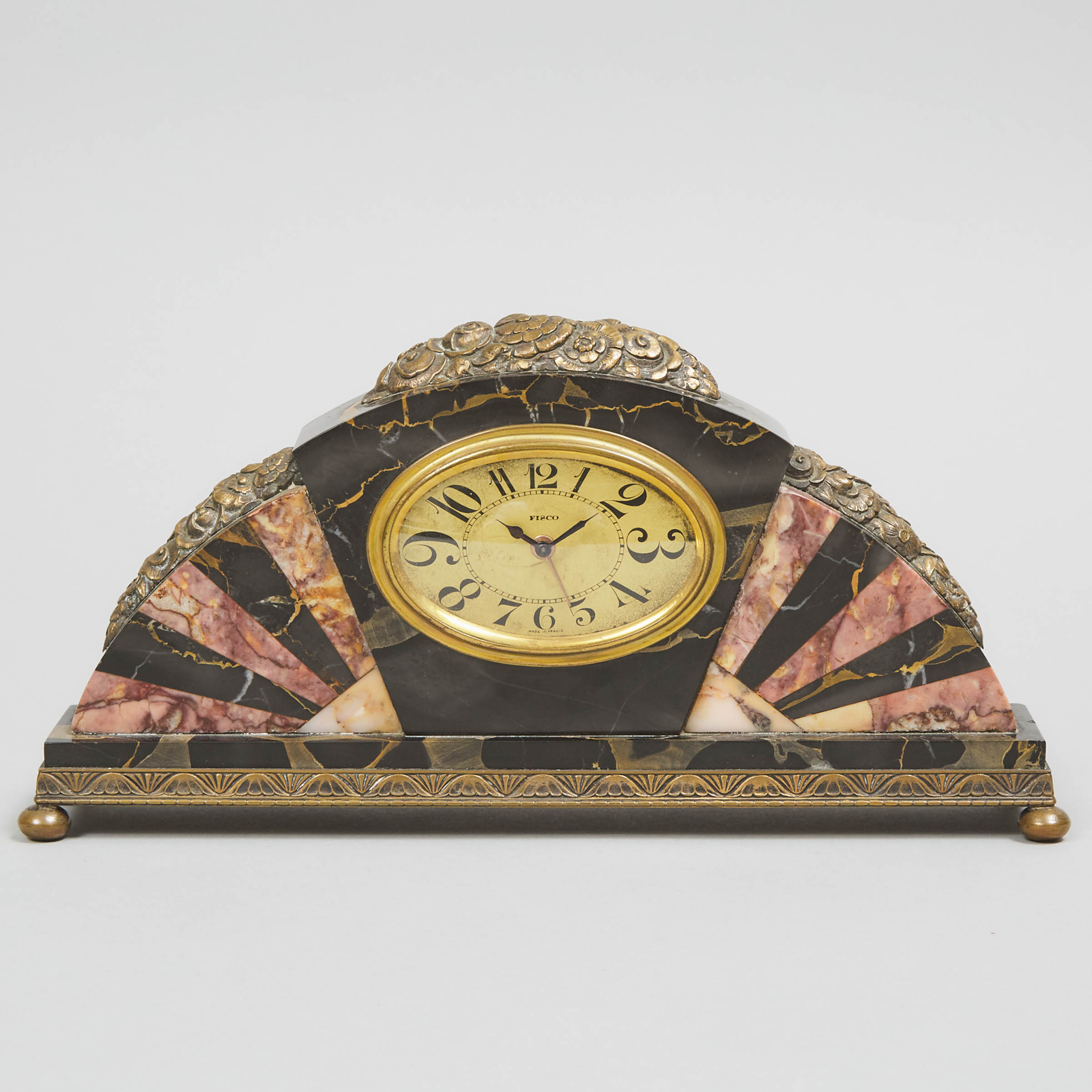 French Art Deco Ormolu Mounted Marble Boudoir Clock with Alarm, c.1925