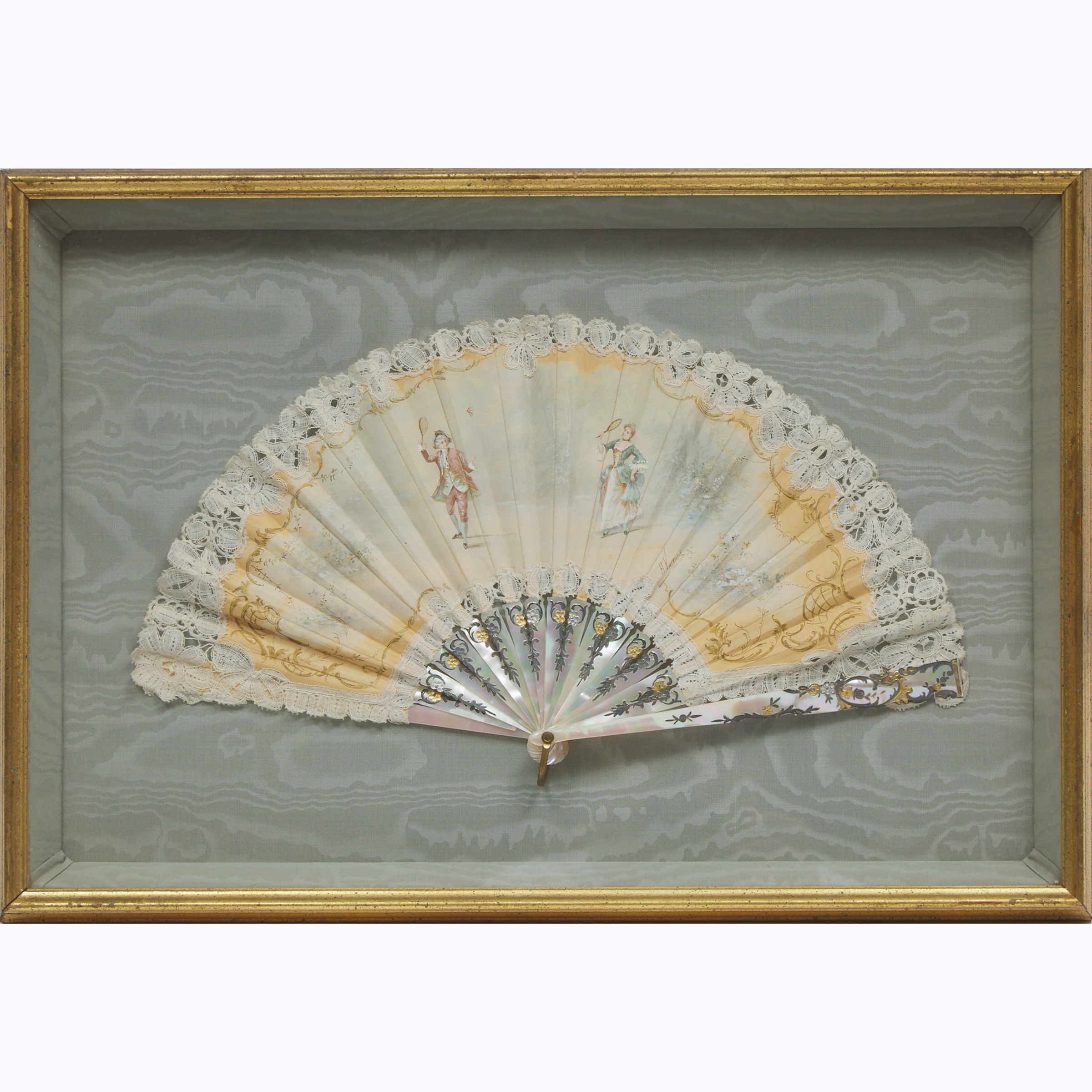 Frame Cased French Lace and Painted Silk Fan, 19th century