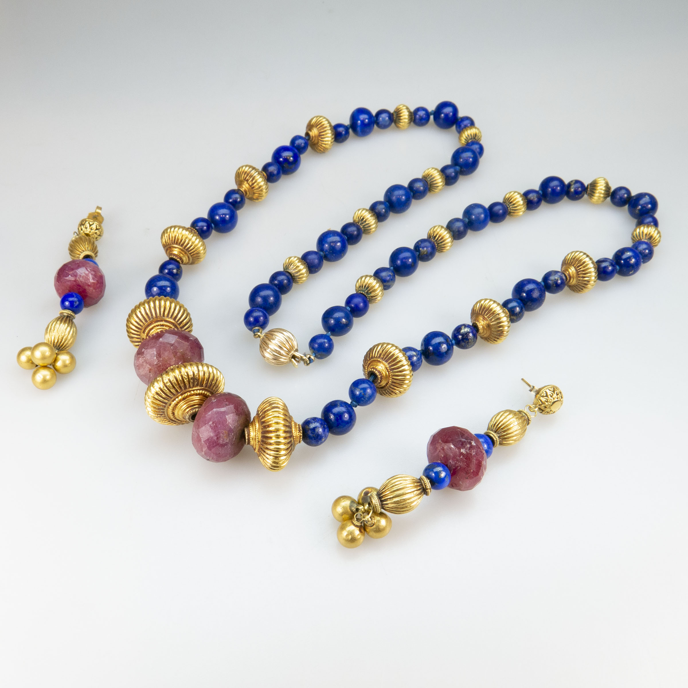 Gold And Gold-Plated Bead Necklace And Earrings