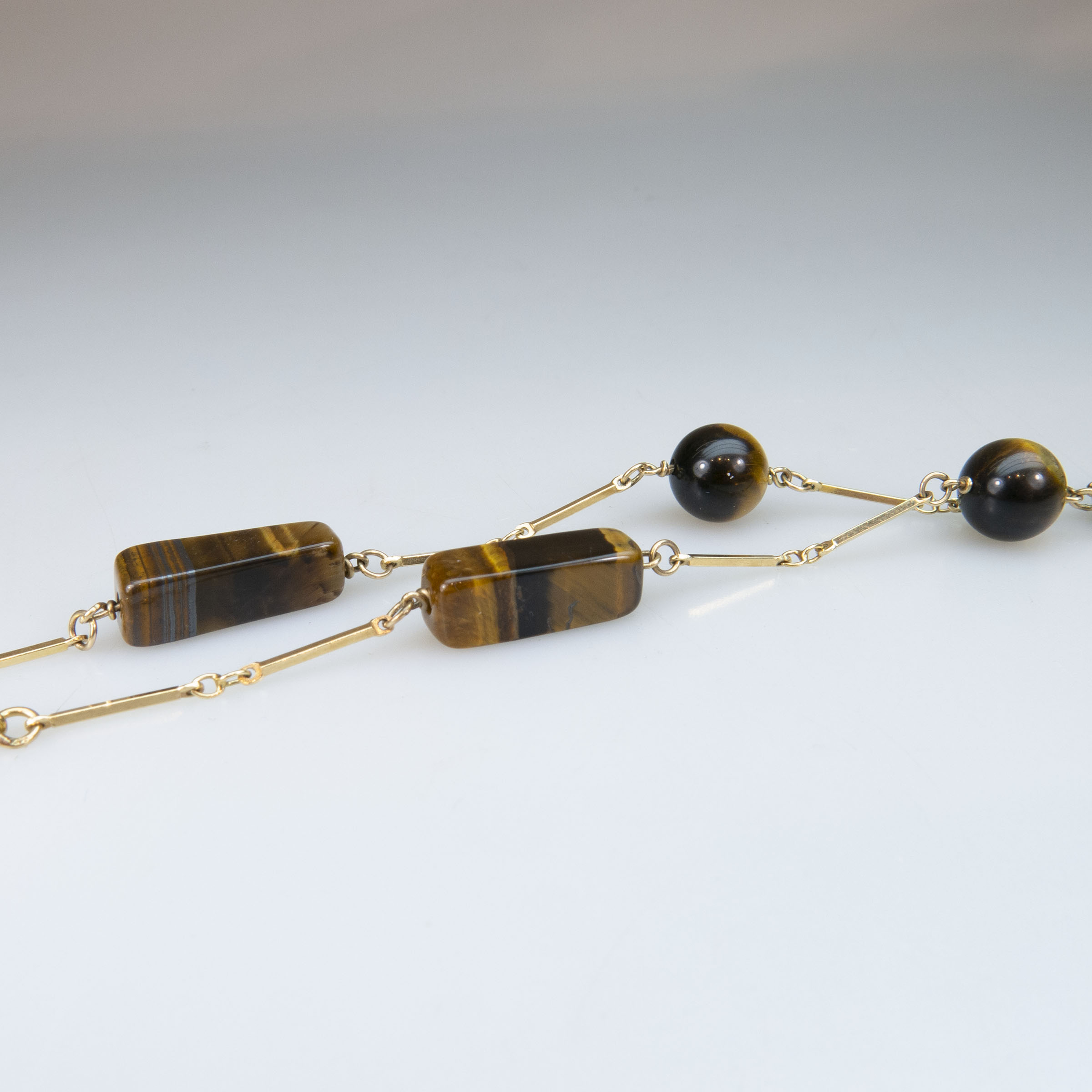 14k Yellow Gold Bar Link And Tiger-Eye Necklace