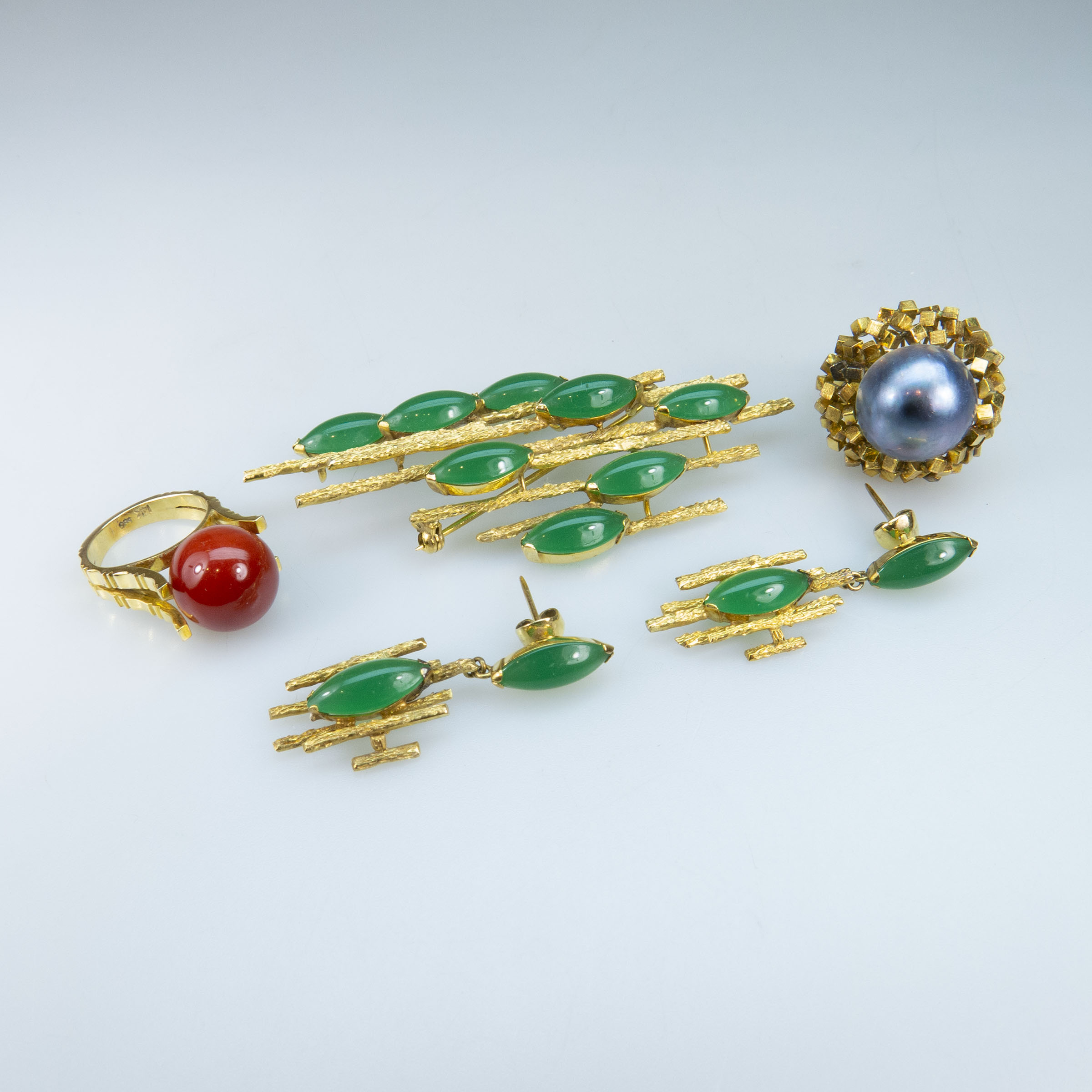14k Yellow Gold Brooch, Earrings And Two Rings