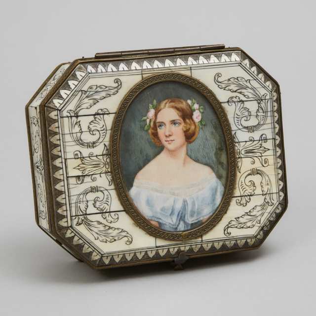 Continental Bone Veneered Dresser Box with Portrait Miniature of Jenny Lind, early 20th century