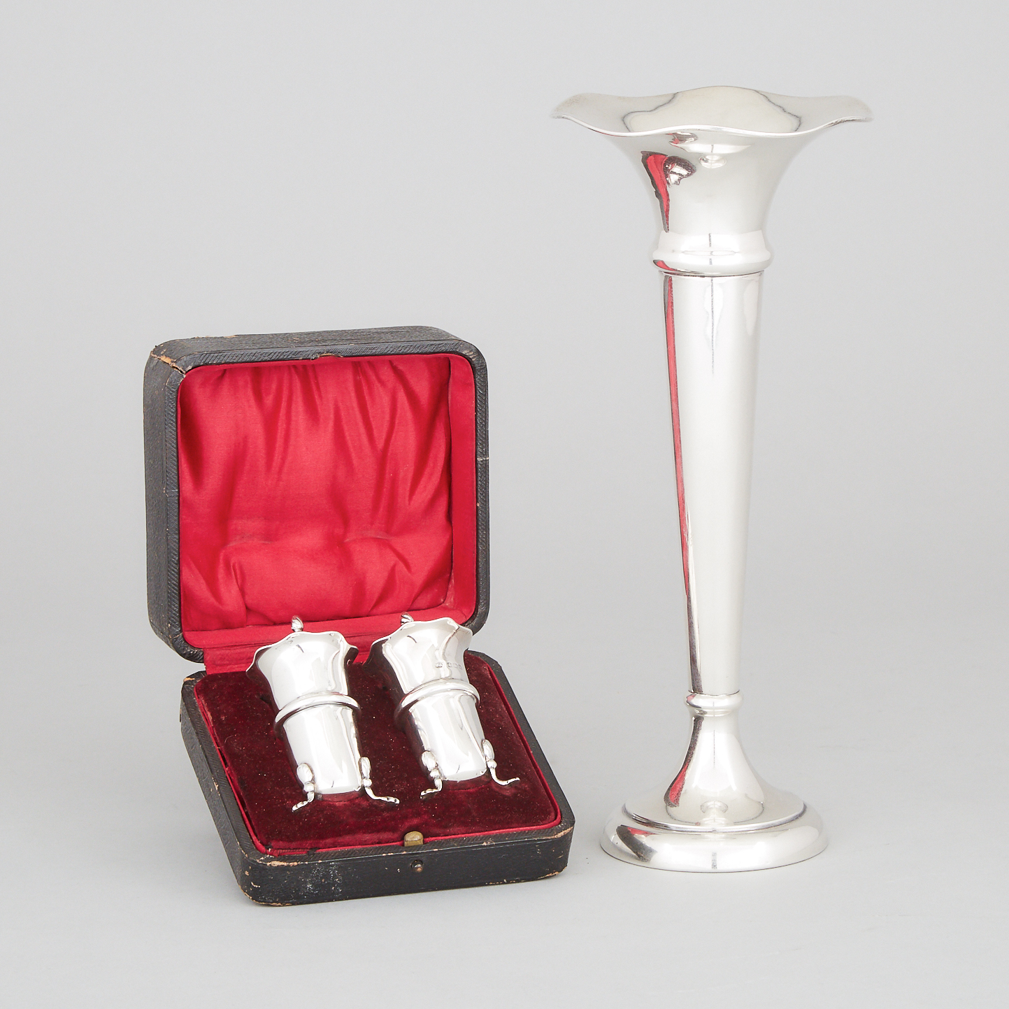 Canadian Silver Vase, Henry Birks & Sons, Montreal, Que., c.1904-24 and a Pair of Edwardian Pepper Casters, William Aitken, Birmingham, 1909