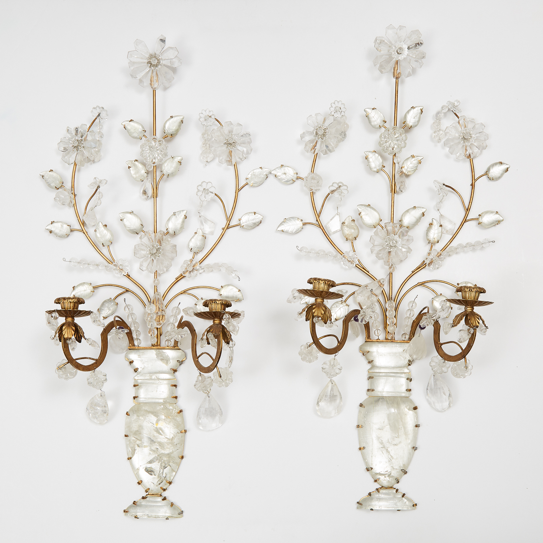 Pair of Large Rock Crystal Mounted Gilt Metal Wall Sconces, mid 20th century