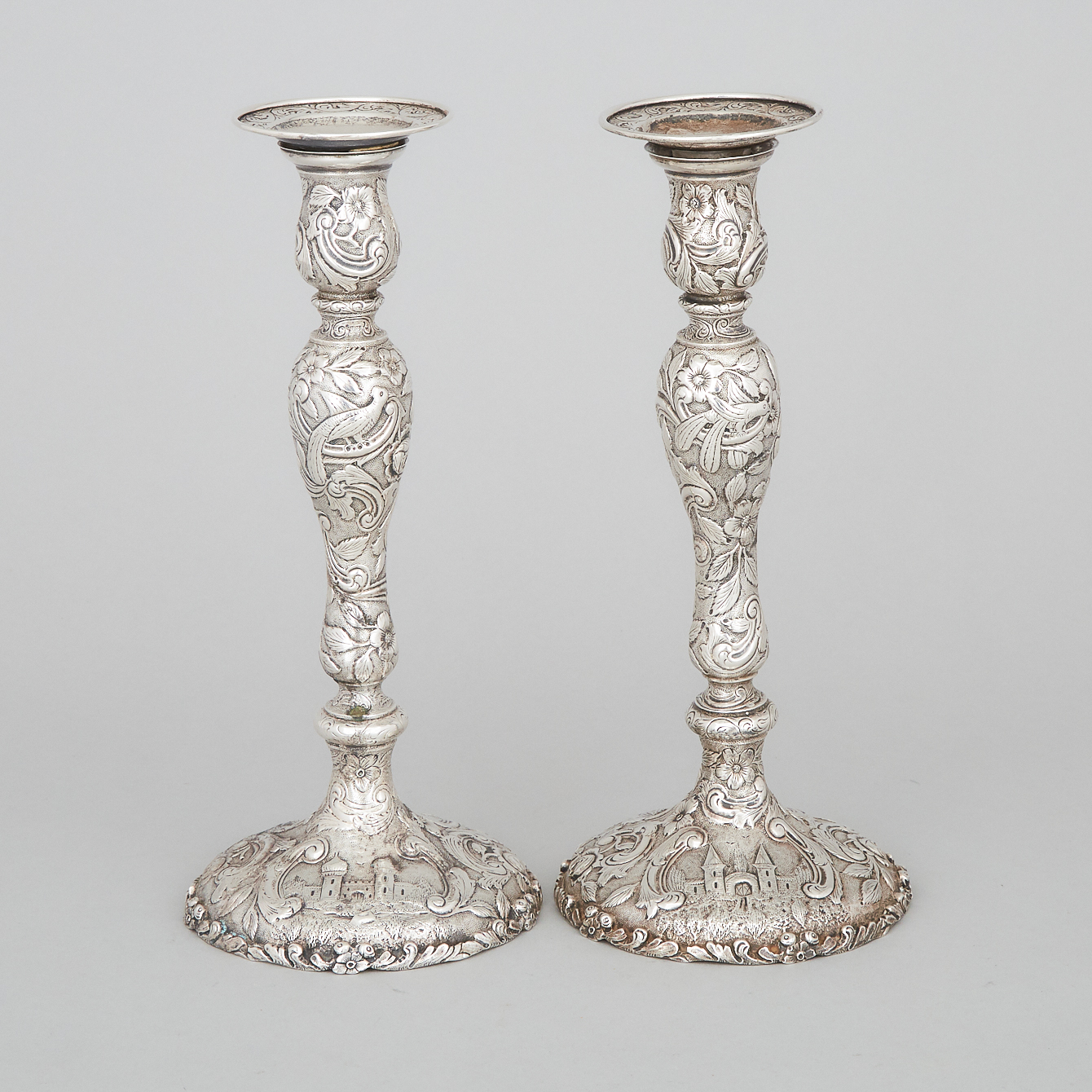 Pair of American Silver 'Castle Pattern' Table Candlesticks, Loring Andrews Co., Cincinnati, OH, early 20th century 