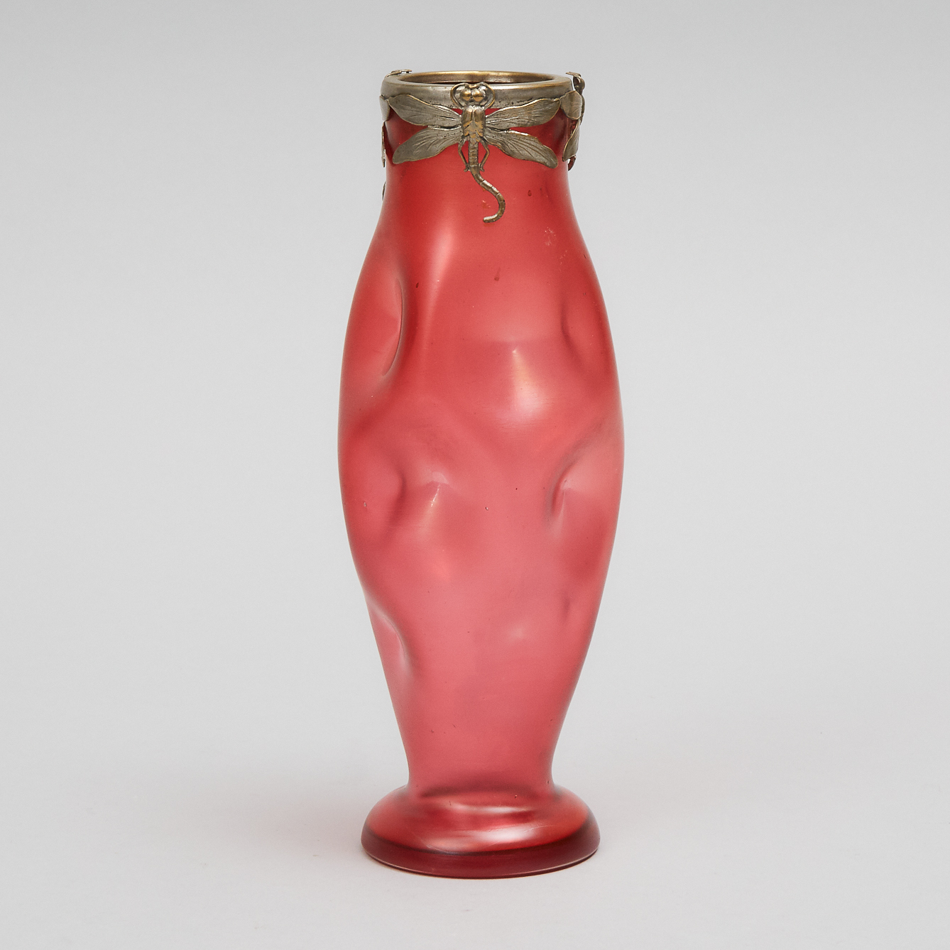 Bohemian Irridescent Red Glass Vase with Dragonfly Mounted Rim, c.1900