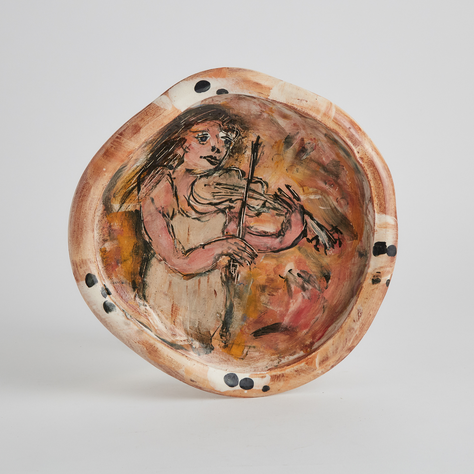Ron Meyers (American, b.1934), Glazed Earthenware Dish with Violinist, c.2010