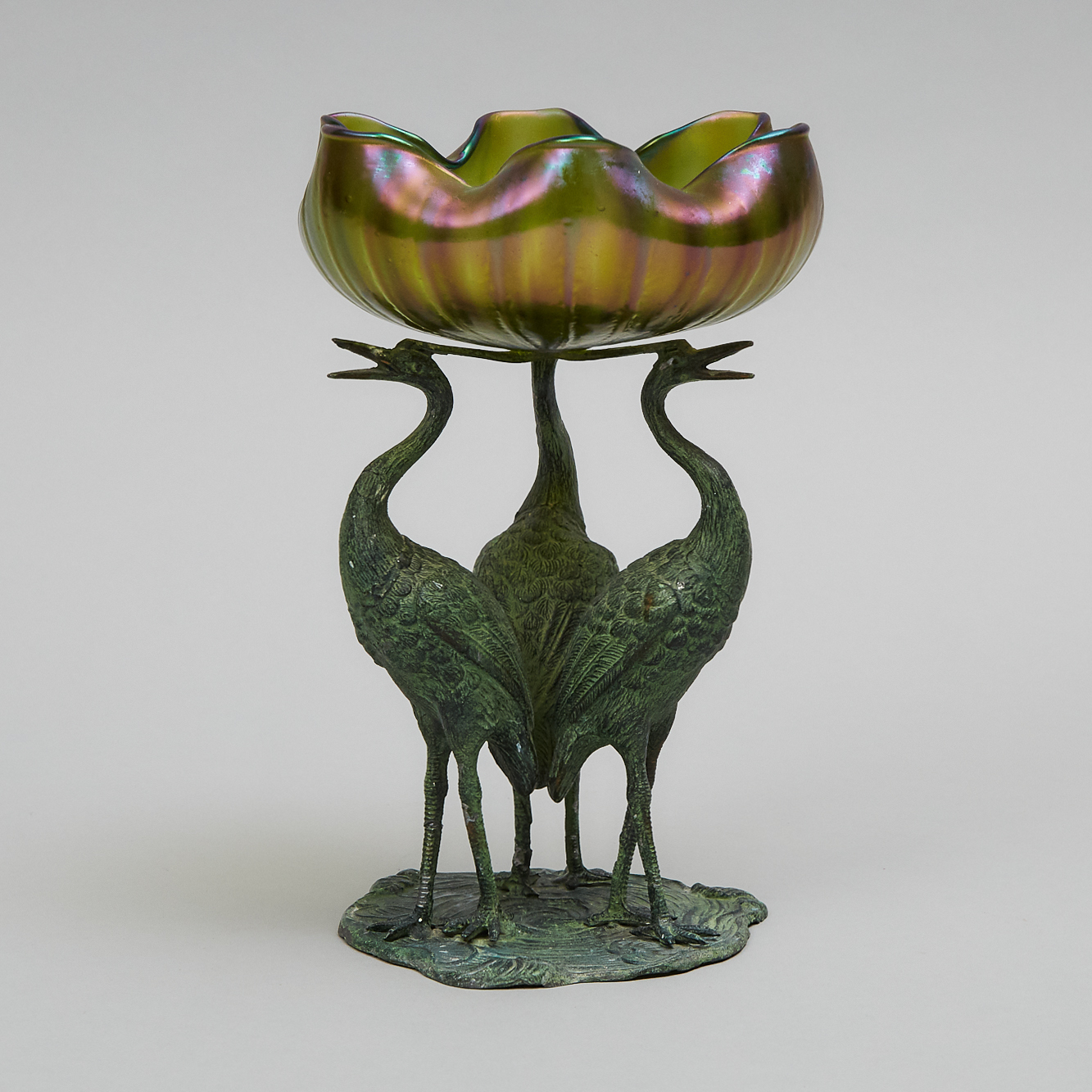 Austrian Patinated White Metal and Iridescent Glass Bowl on Crane Form Stand, c.1900 