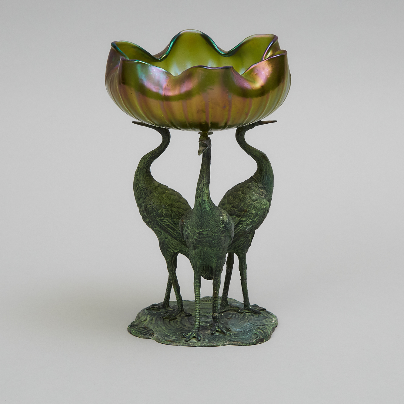 Austrian Patinated White Metal and Iridescent Glass Bowl on Crane Form Stand, c.1900 
