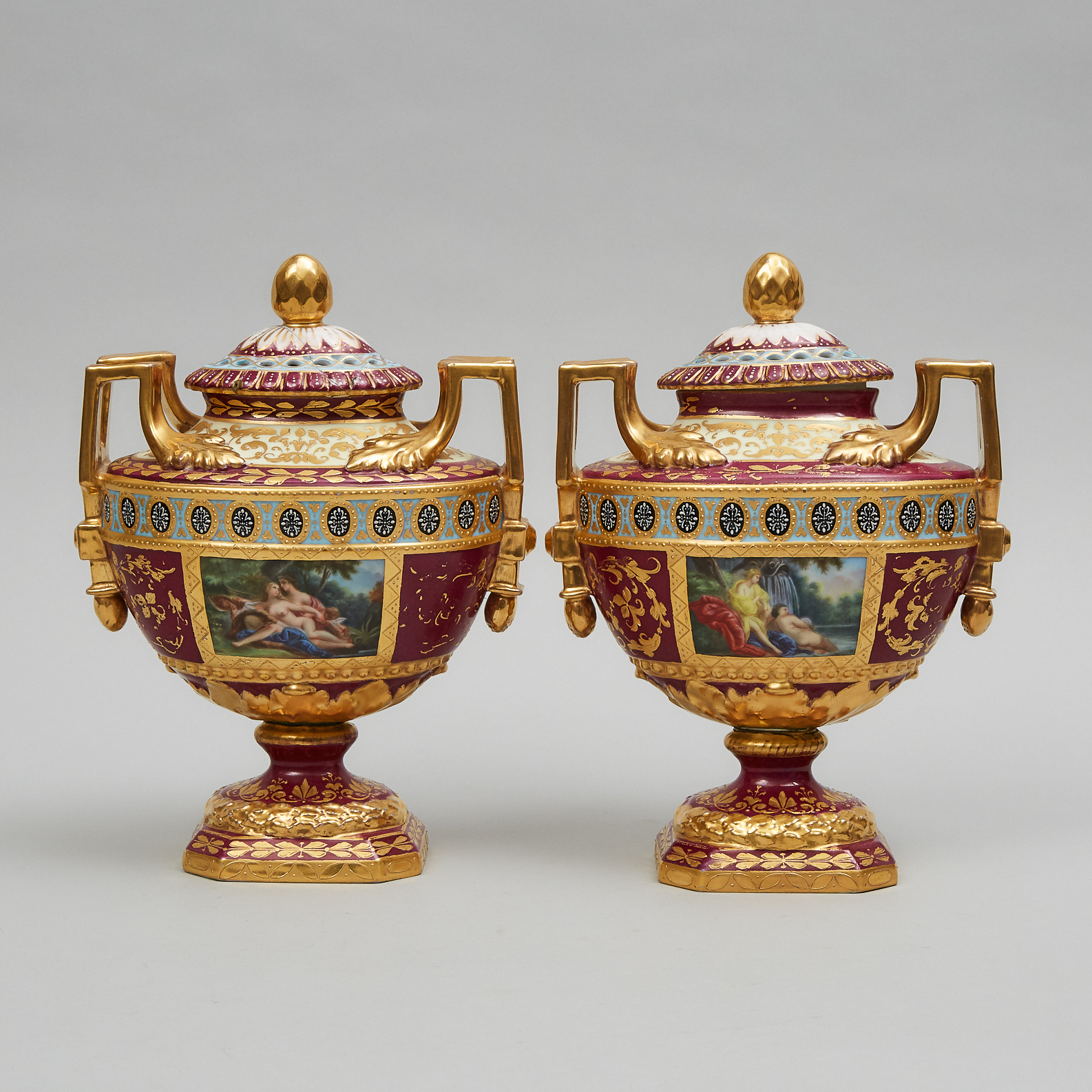 Pair of 'Vienna' Two-Handled Covered Vases, late 19th century