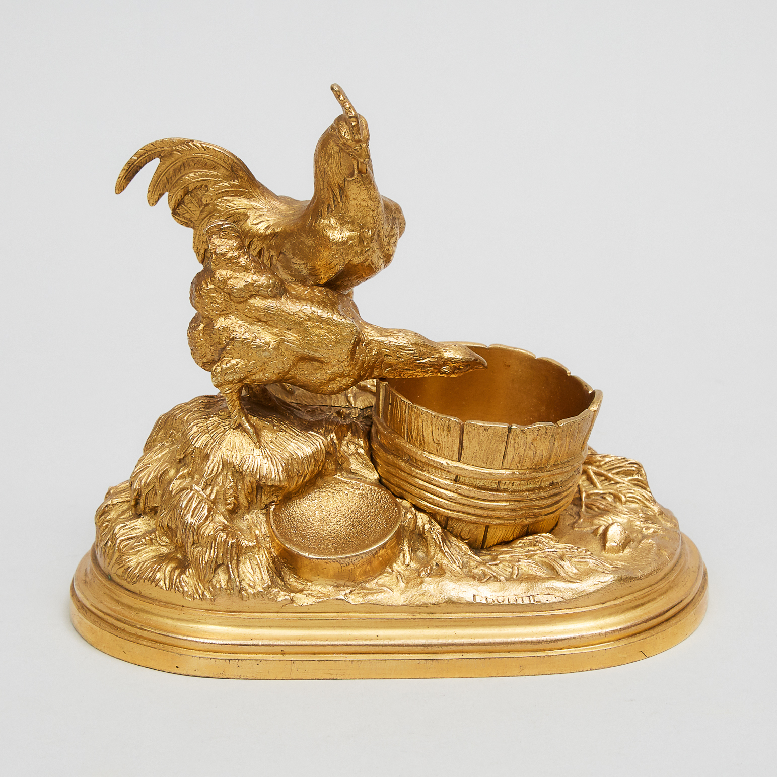 Isidore Jules Bonheur (French, 1827-1901) Gilt Bronze Animalier Group Modelled as Cockerel and Hen Feeding at a Barrel, 19th century