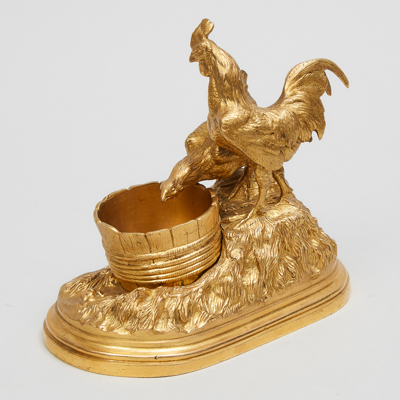 Isidore Jules Bonheur (French, 1827-1901) Gilt Bronze Animalier Group Modelled as Cockerel and Hen Feeding at a Barrel, 19th century