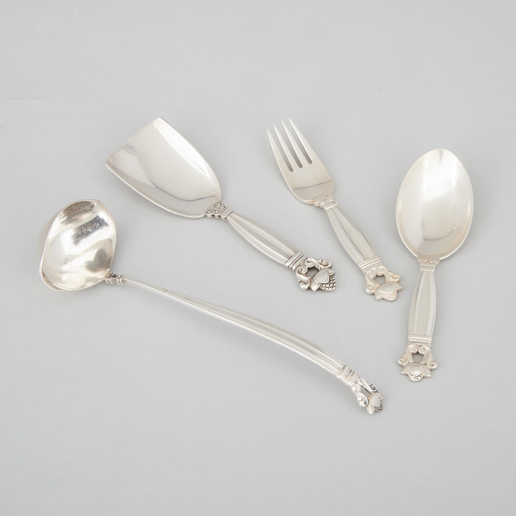 Danish Silver ‘Acorn’ Pattern Sauce Ladle, Sugar Shovel, Small Spoon and Fork, Johan Rohde for Georg Jensen, Copenhagen, 20th century