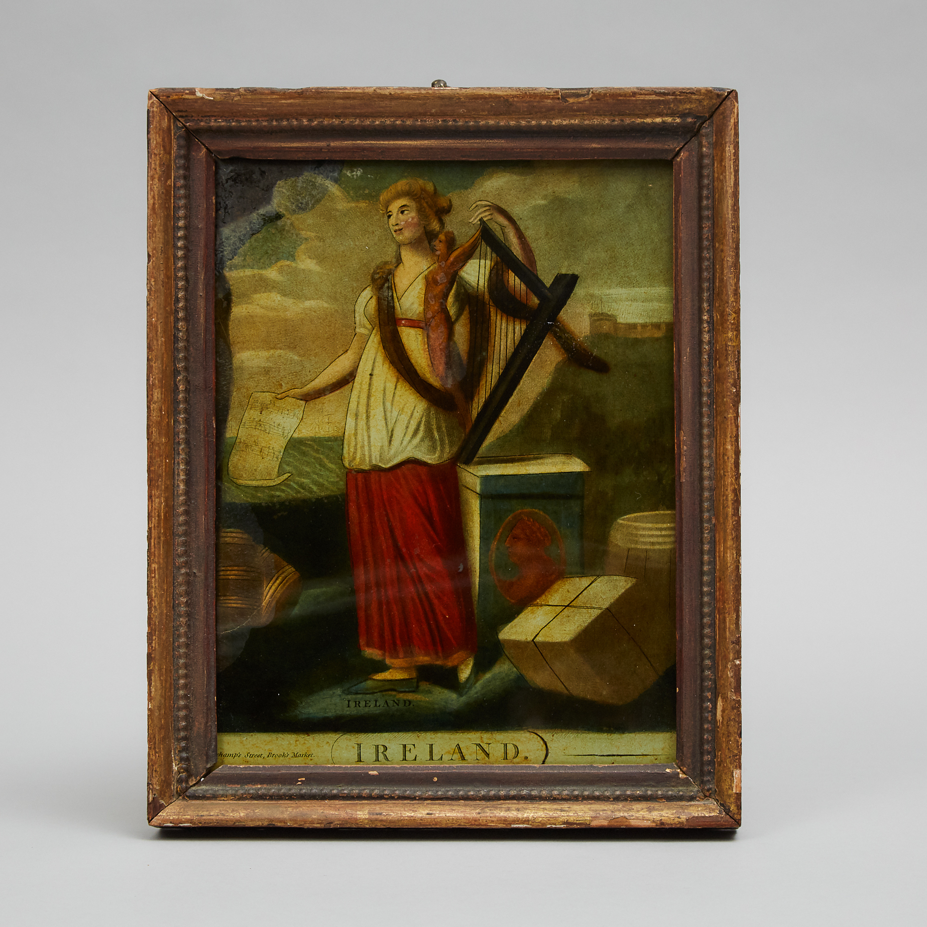 Georgian Reverse Painted Mezzotint on Glass: 'Ireland', c.1800