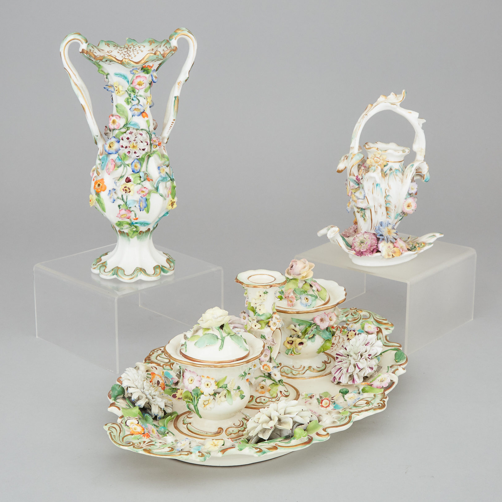 Coalbrookdale Flower-Encrusted Inkstand and Two Vases, mid-19th century