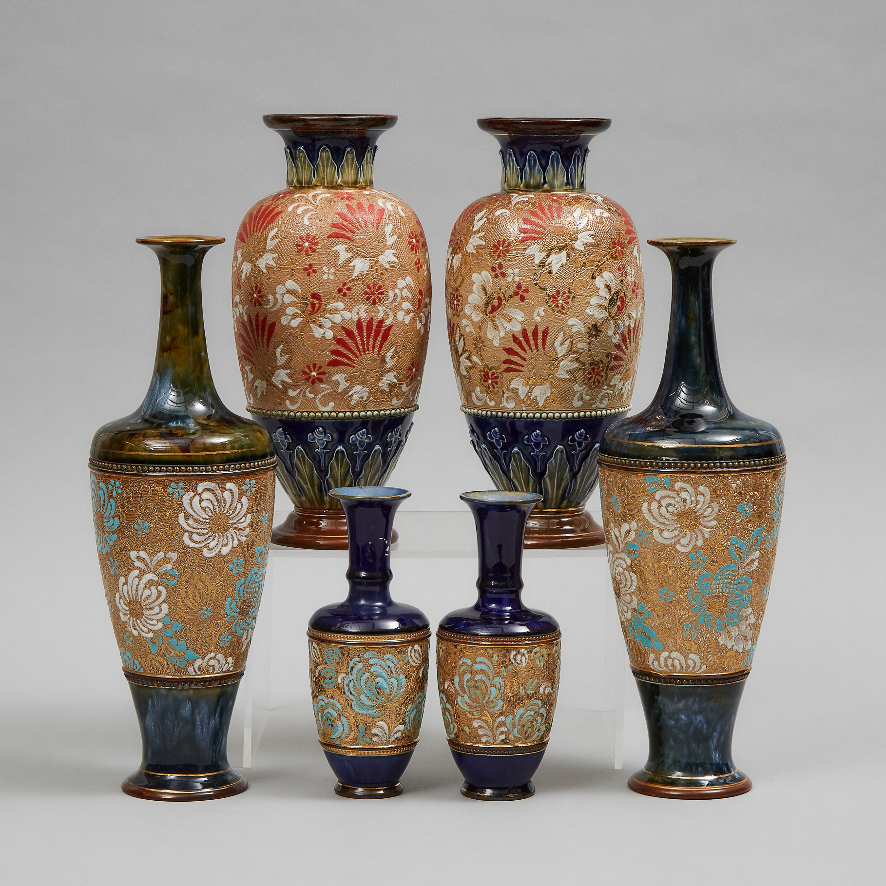 Three Pairs of Doulton & Slater's Patent Stoneware Vases, early 20th century