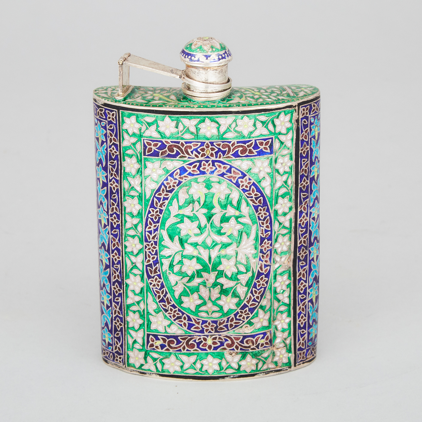 Eastern Engraved and Enameled Silver Spirit Flask, 20th century
