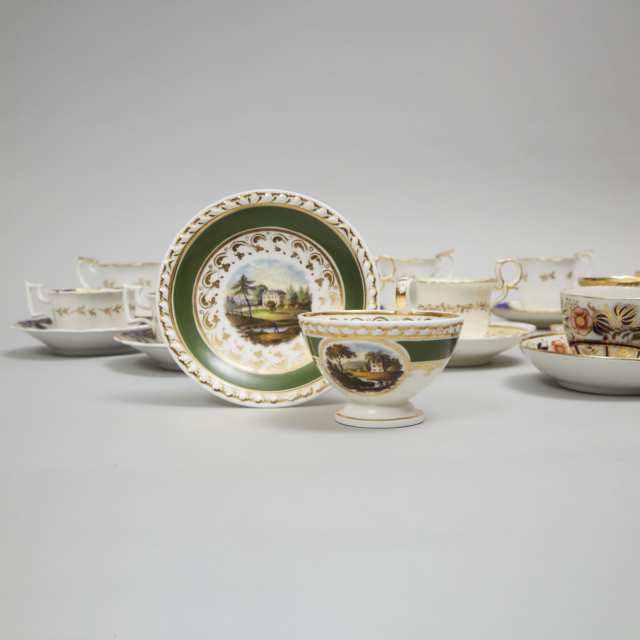 Twelve English Porcelain Cups and Saucers, 19th century