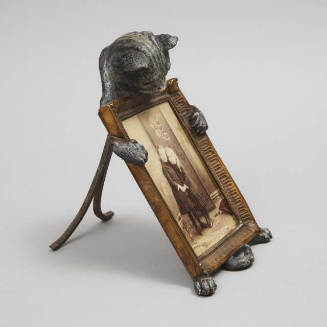 Austrian Cold Painted Bronze Cat Form Frame with a Victorian Albumin Print Portrait of Two Young Girls, 19th and 20th centuries