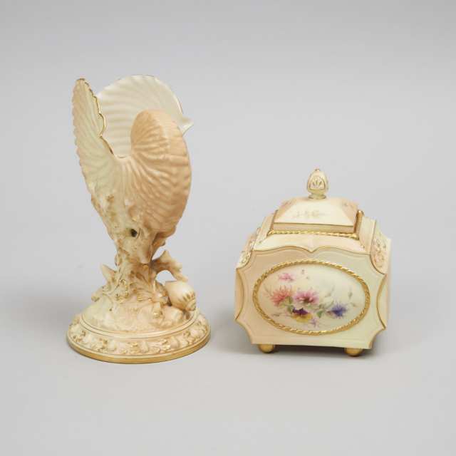 Royal Worcester Blush Ivory Nautilus Shell Vase and a Grainger's Covered Jar, late 19th century