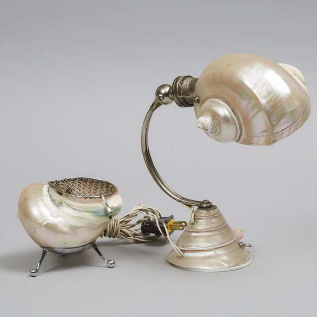 A French Nacre (Sea Shell) Vanity Lamp and a Pot Pourri, mid 20th century
