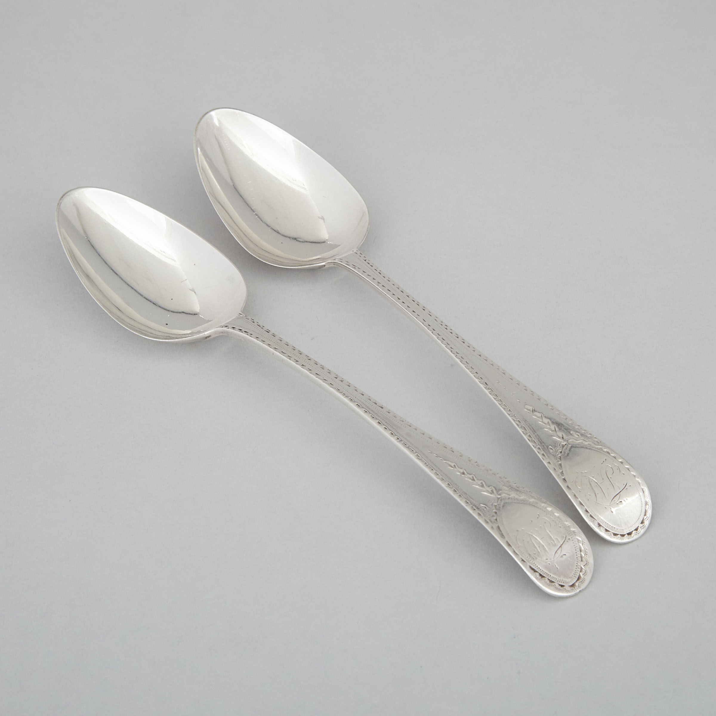 Pair of George III Silver Bright-Cut Engraved Table Spoons, Peter & Ann Bateman, London, 1793