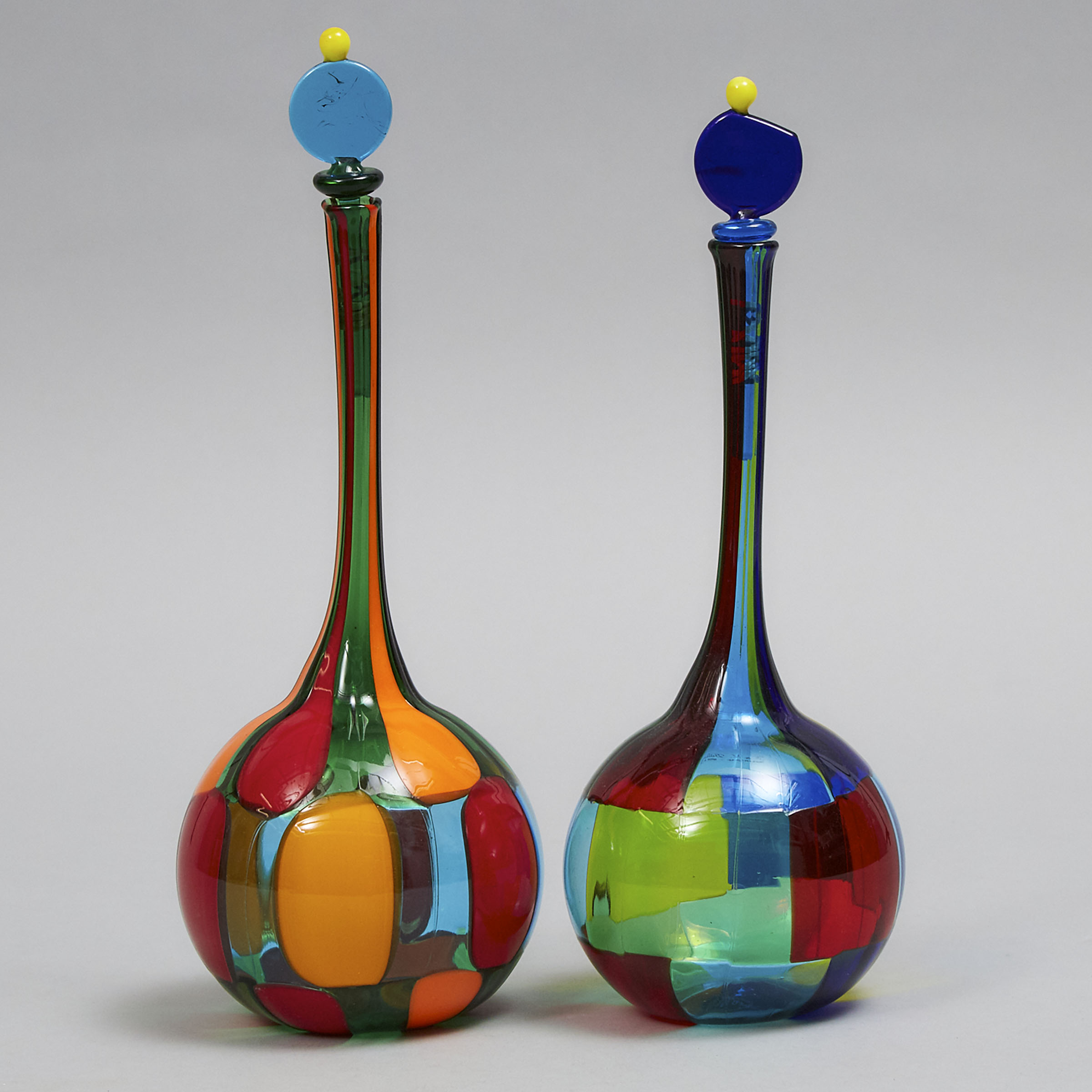 Two Angelo Ballarin, Murano Pezzato Glass Bottles, 1980s