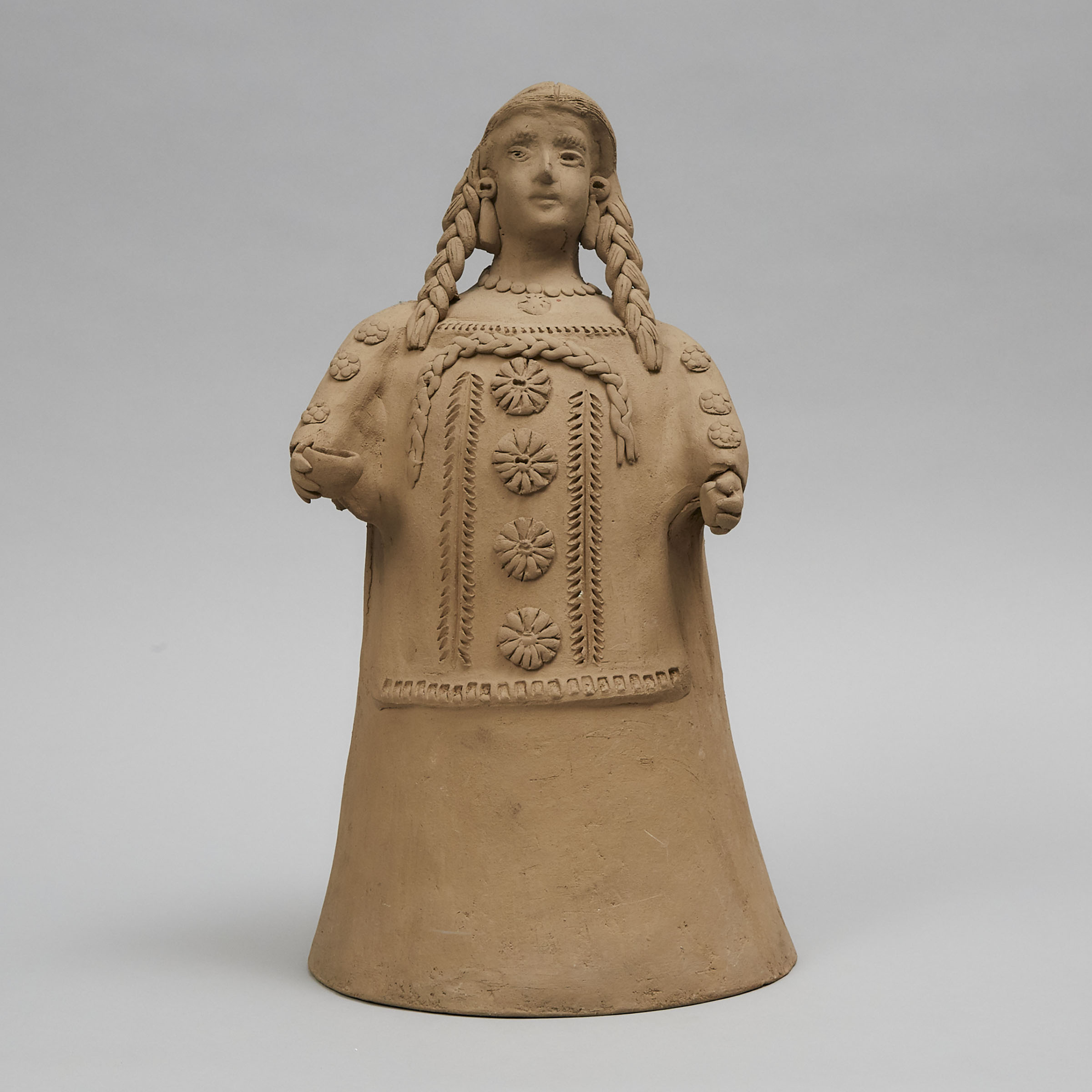 Large Contemporary Pottery Figure of a Woman Holding Covered Cup, Arrazola (Oaxaca), Mexico, late 20th century