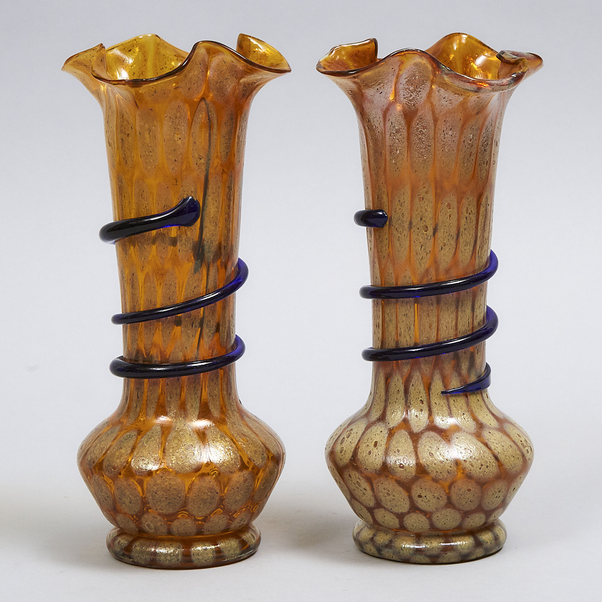 Pair of Bohemian Iridescent Coloured Glass Vases, early 20th century