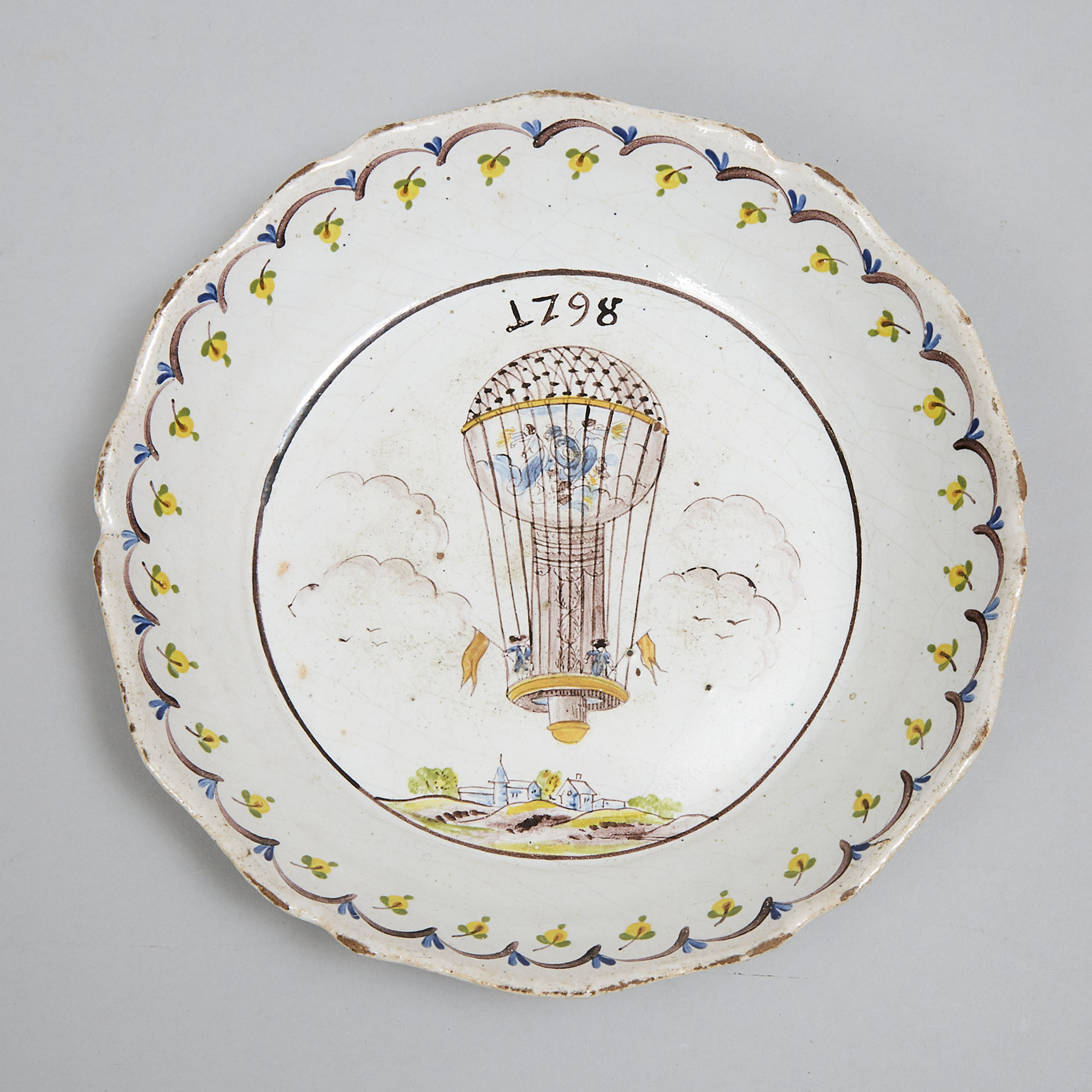 French Faience Hot Air Balloon Plate, dated 1798