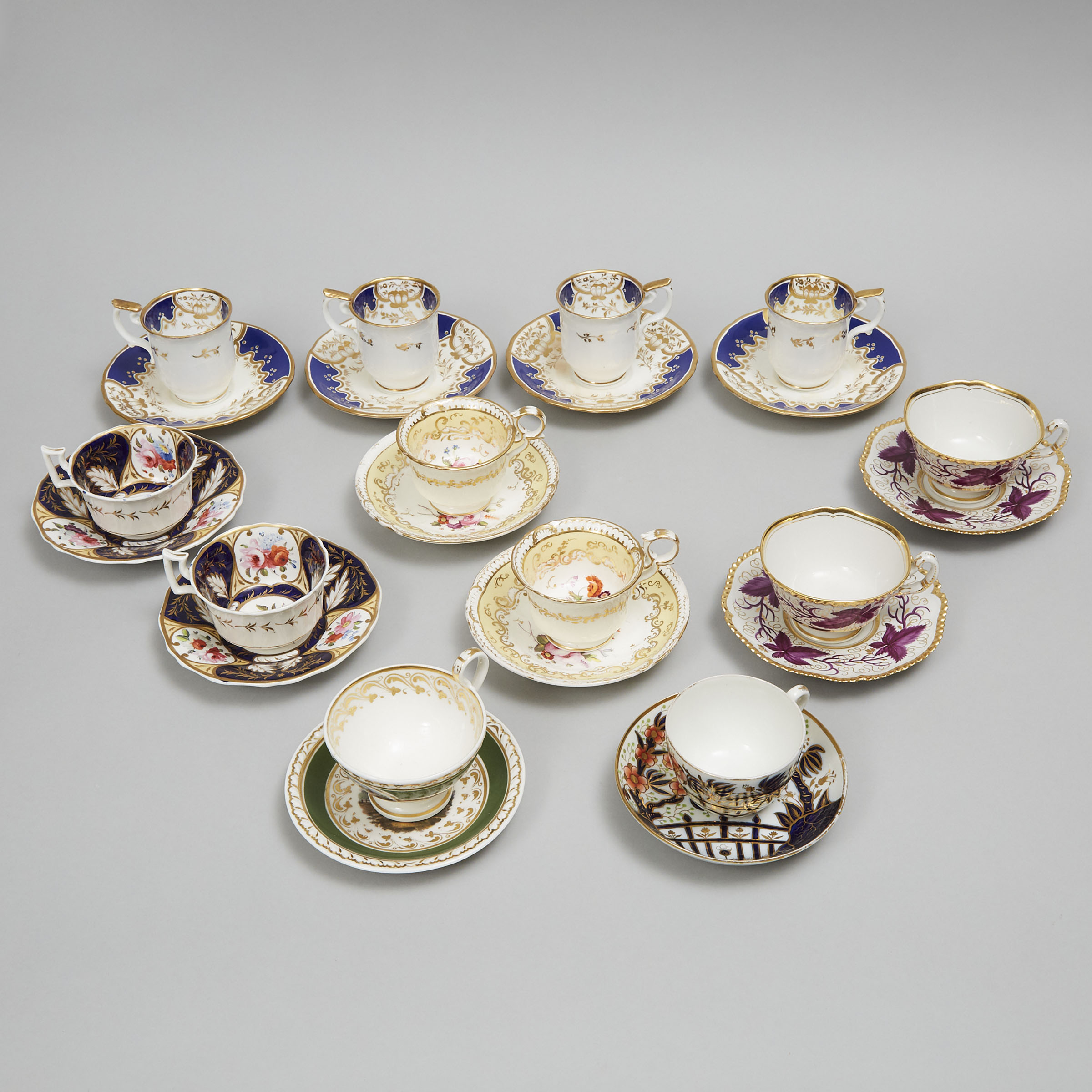Twelve English Porcelain Cups and Saucers, 19th century