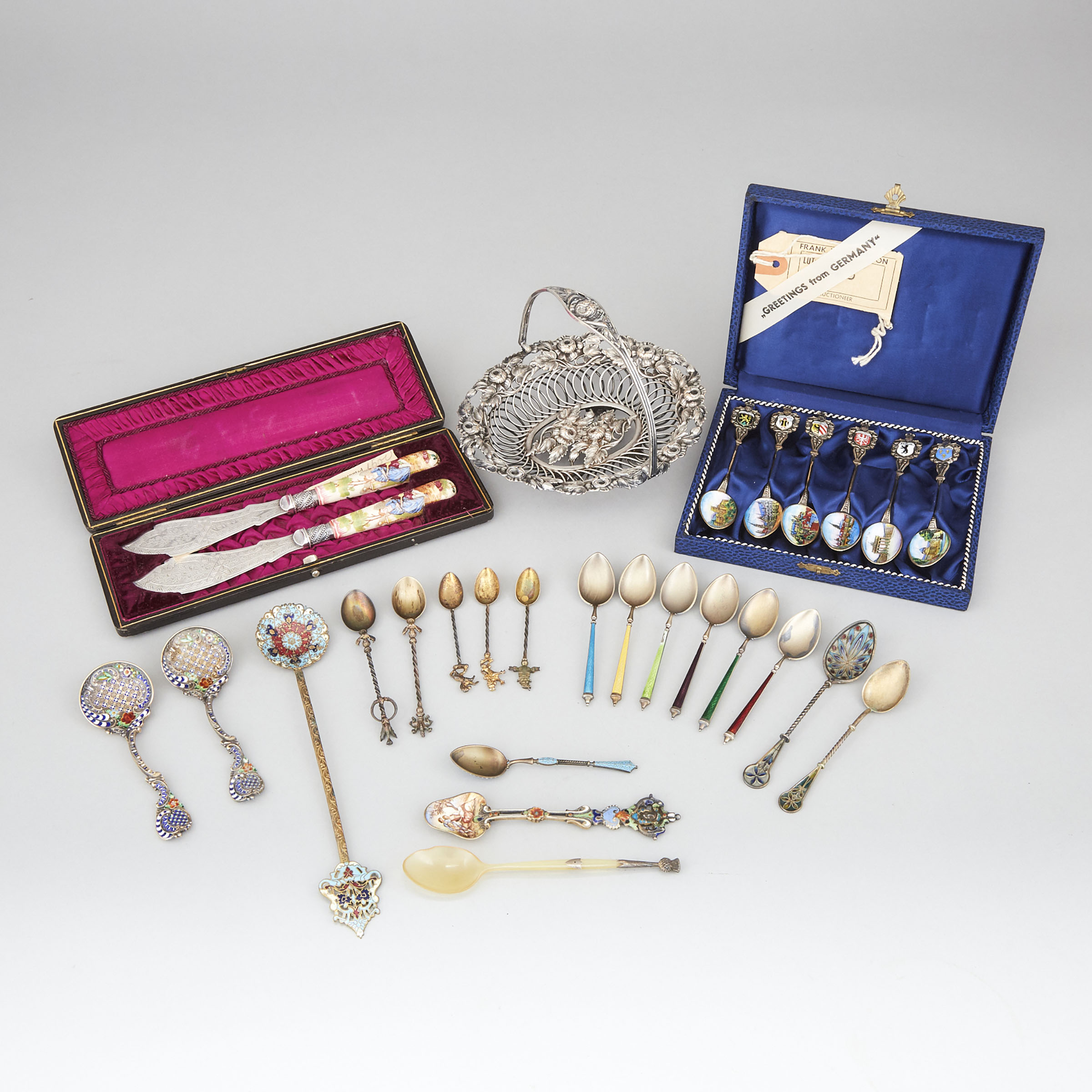 Group of Sixteen Enameled Continental Silver Spoons, 20th century 
