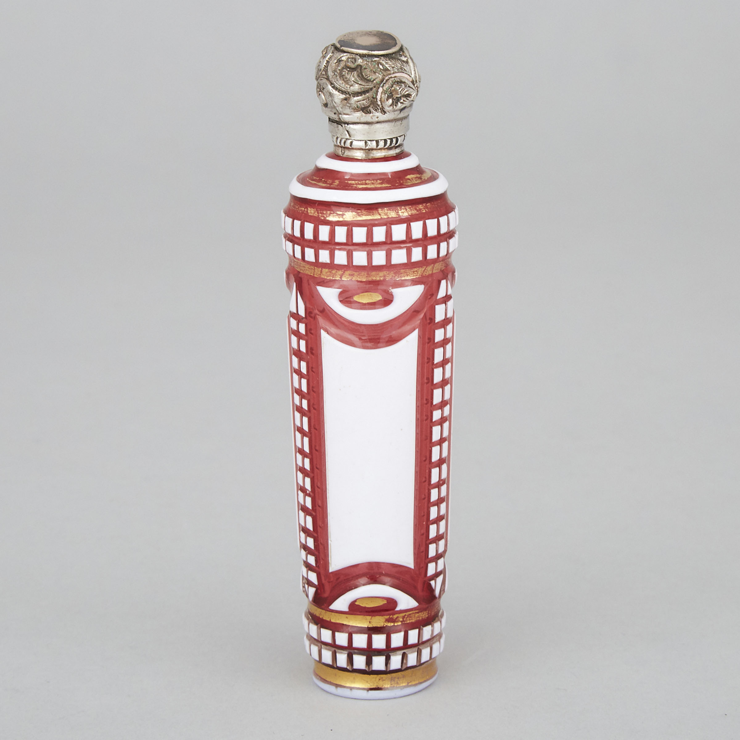 French Silver Mounted Opaque White Overlaid Red Glass Perfume Bottle, c.1900