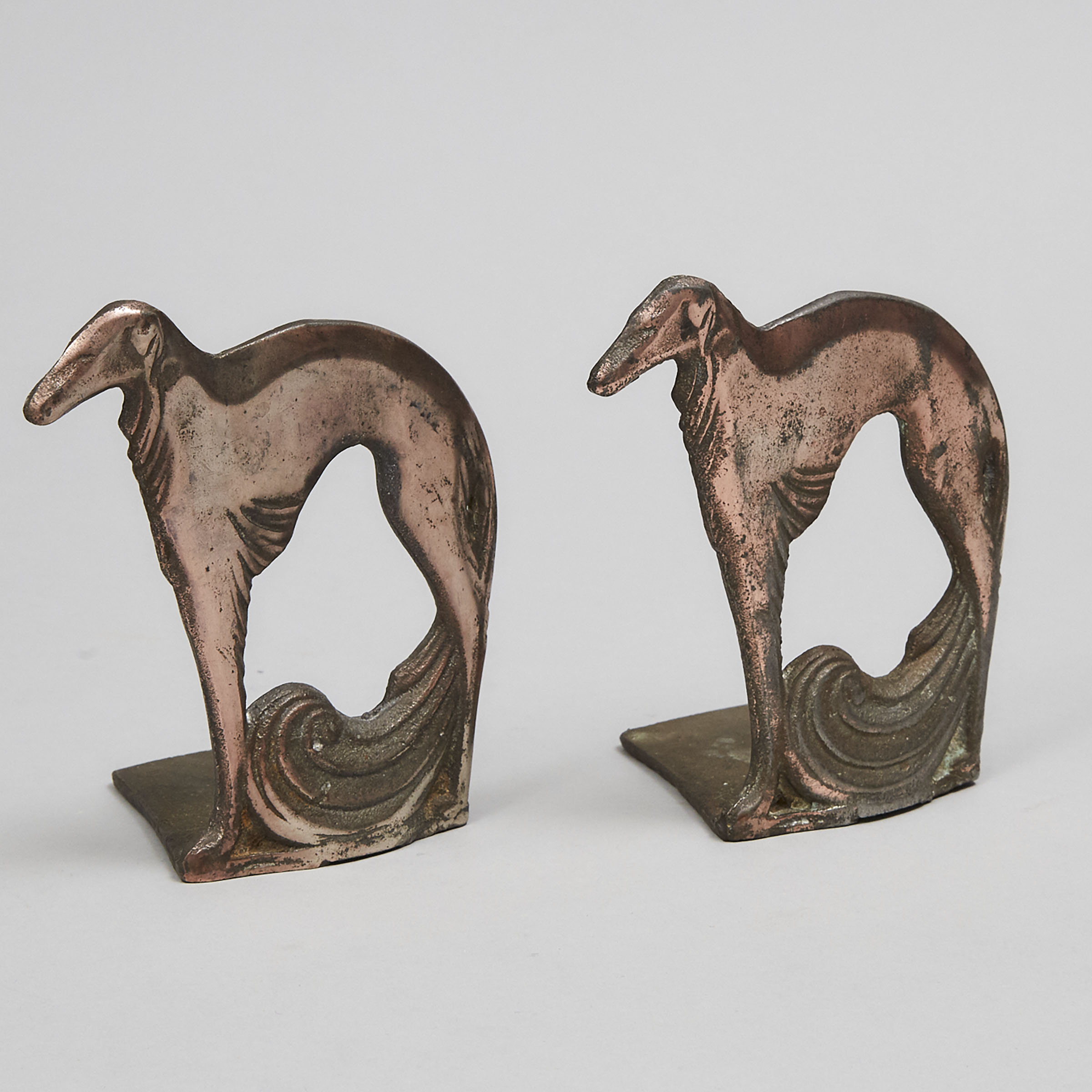 Pair of Art Deco Coppered Cast Iron Wolfhound Form Book Ends, c.1925