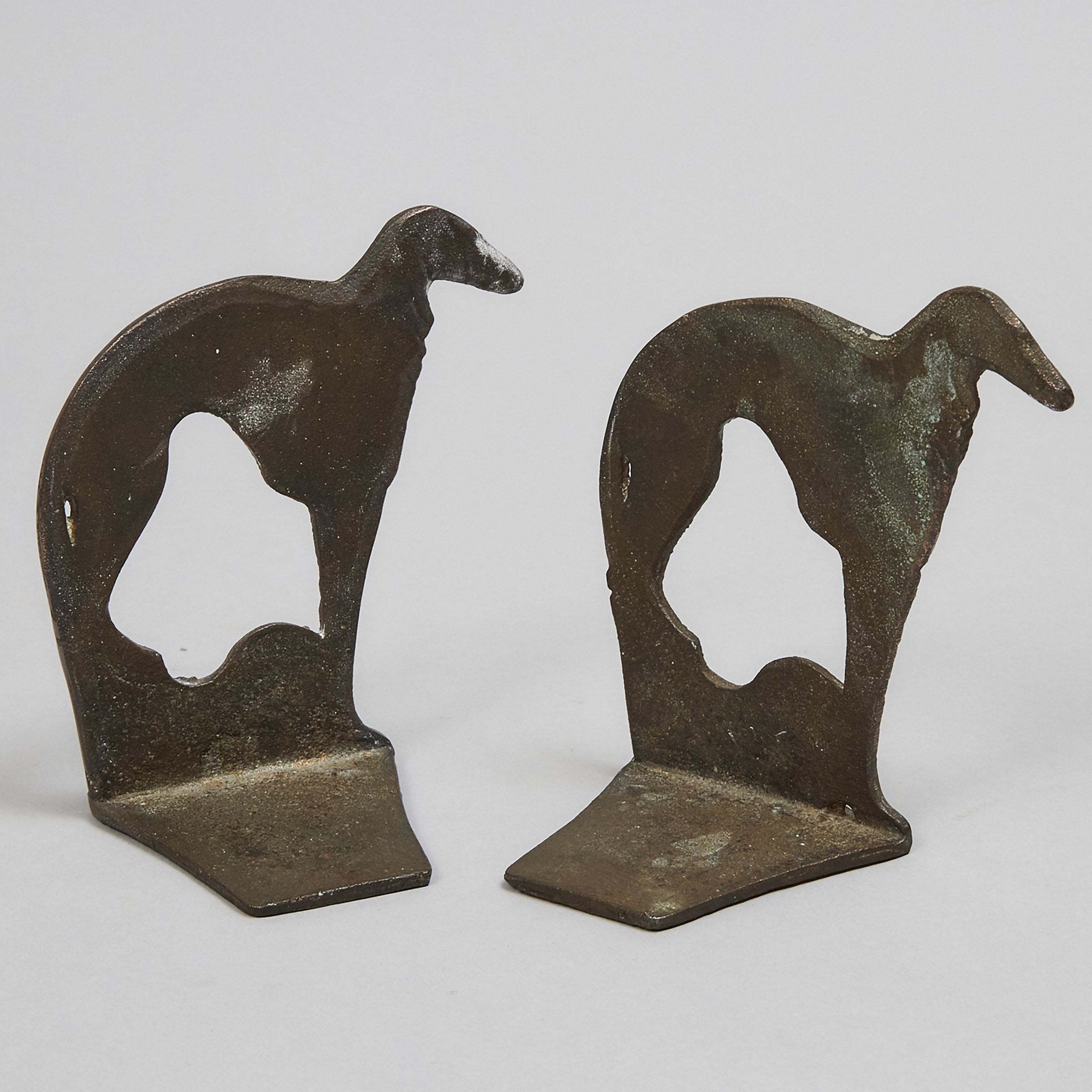 Pair of Art Deco Coppered Cast Iron Wolfhound Form Book Ends, c.1925