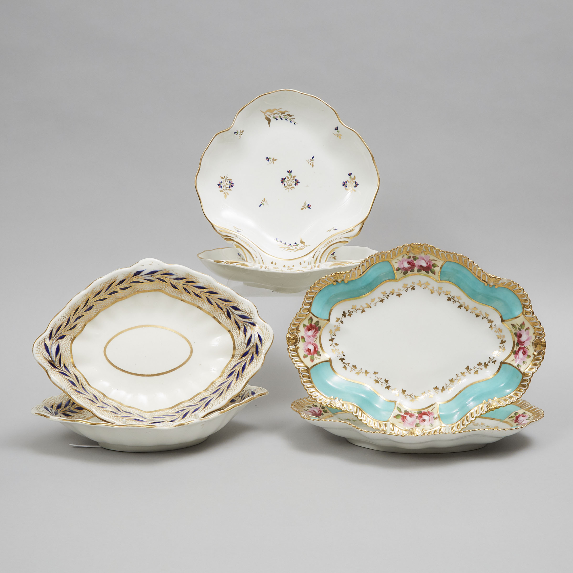 Two Pairs of Derby and Another Pair of Chamberlain's Worcester Serving Dishes, c.1820