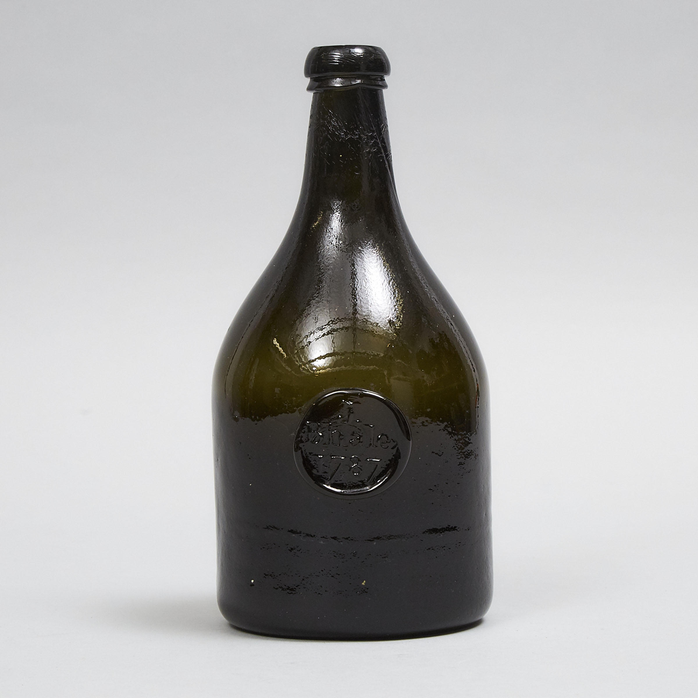 English Green Glass Applied Seal Wine Bottle, J. Bhale, 1787