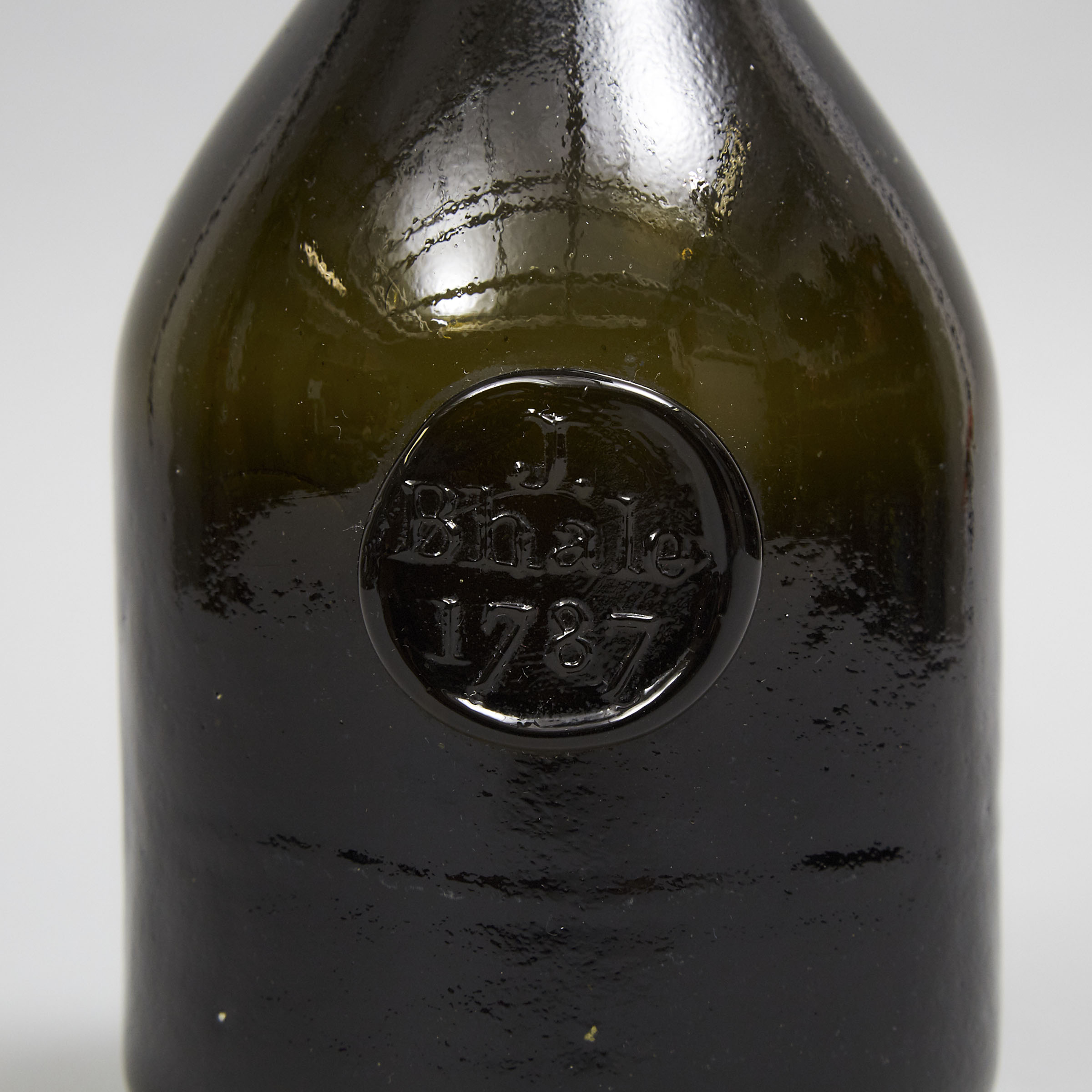 English Green Glass Applied Seal Wine Bottle, J. Bhale, 1787