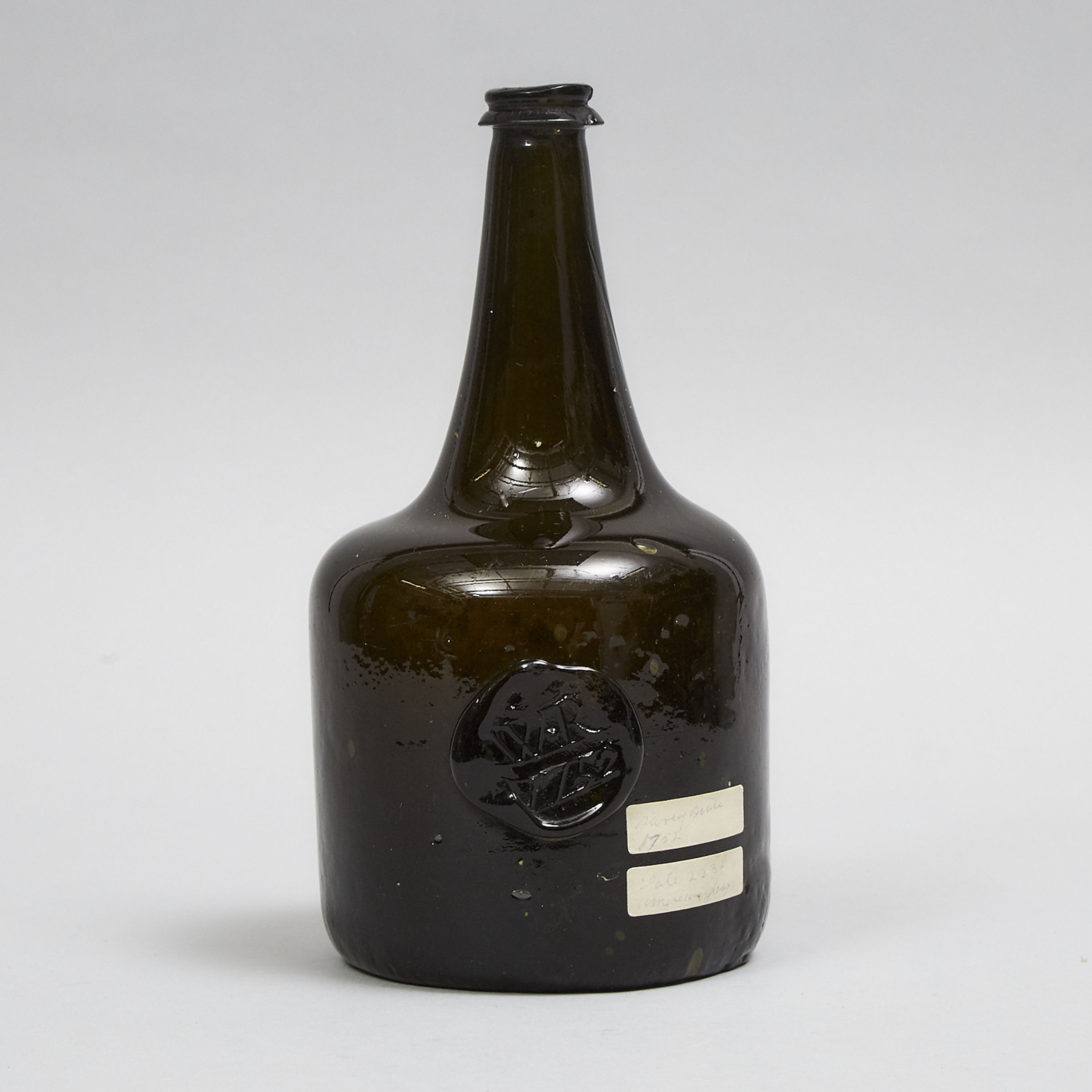 English Green Glass Applied Seal Wine Bottle, W.R, 1752