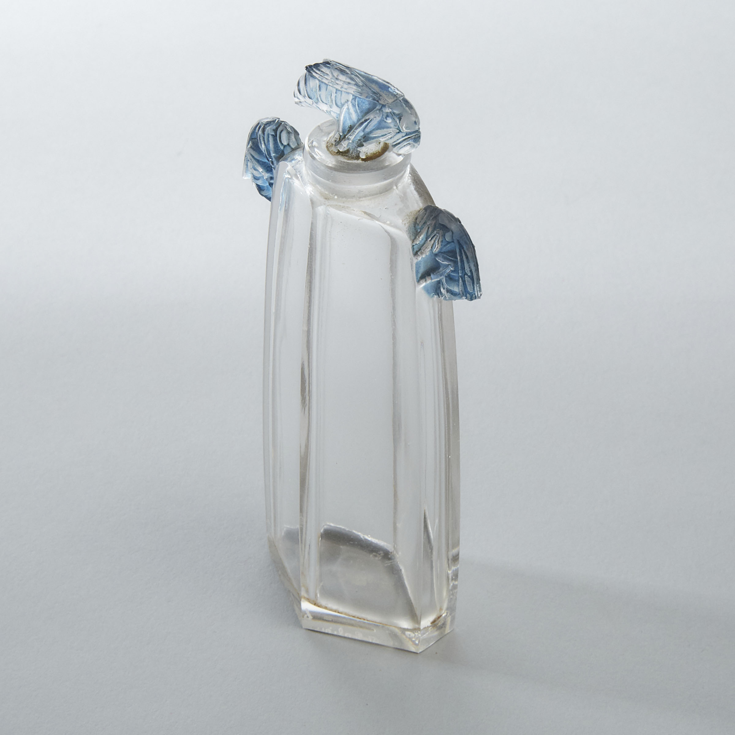 'Trois Guêpes', Lalique Moulded and Stained Blue Enameled Glass Perfume Bottle, 1920s