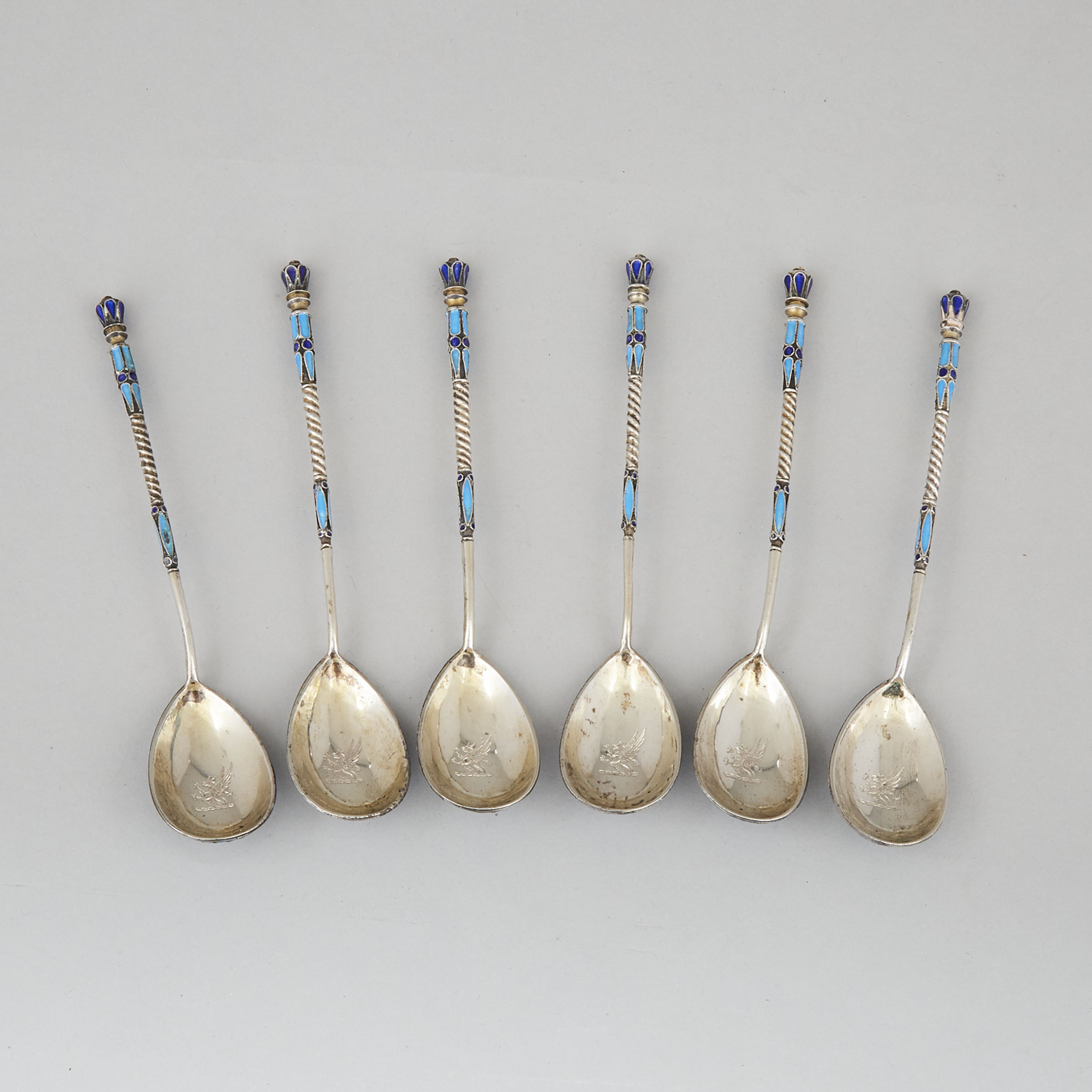 Set of Six Russian Cloisonné Enameled Silver Tea Spoons, Moscow, Sergey Shaposhnikov, c.1898-1908