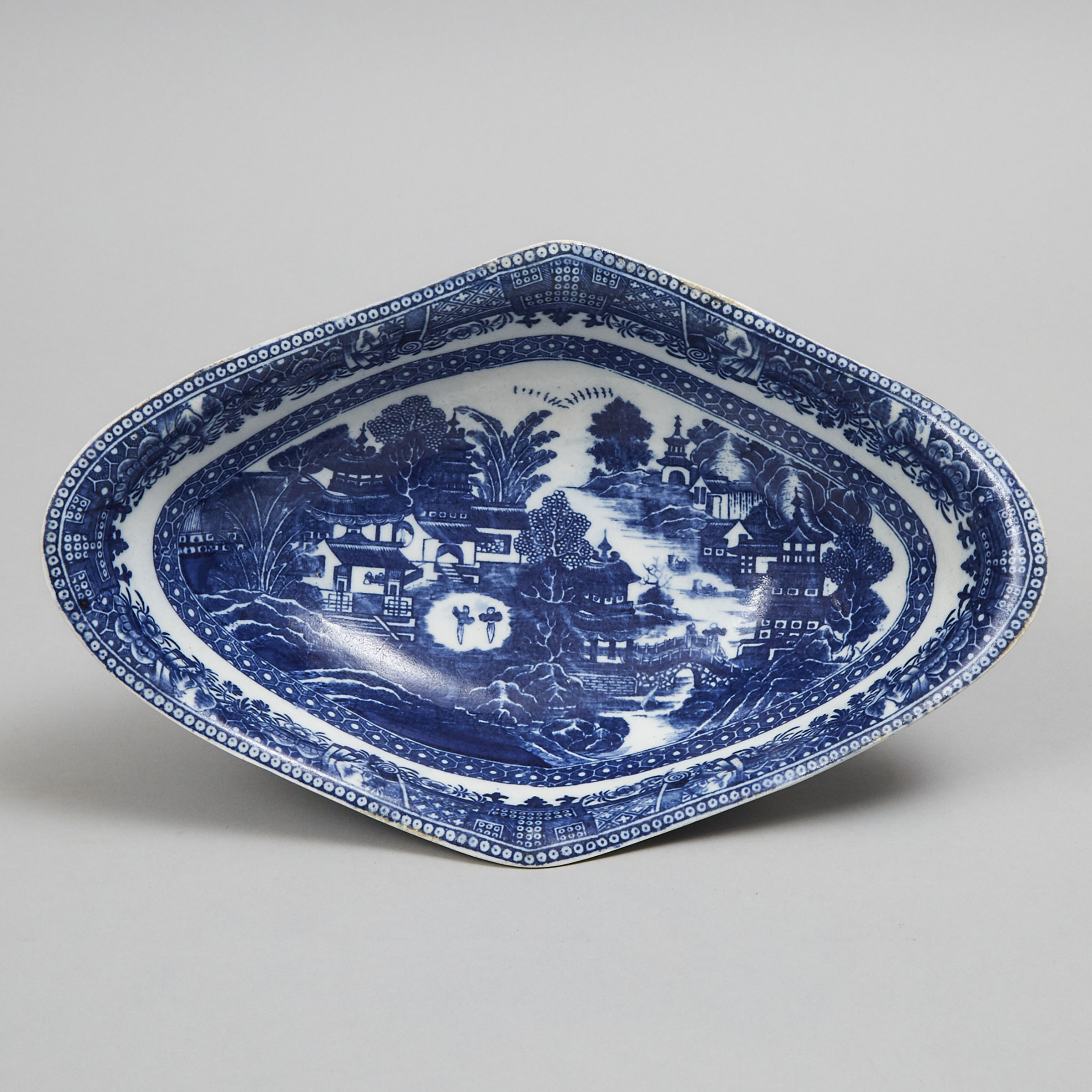 Caughley Blue-Printed 'Conversation' Lozenge Shaped Dish, c.1780