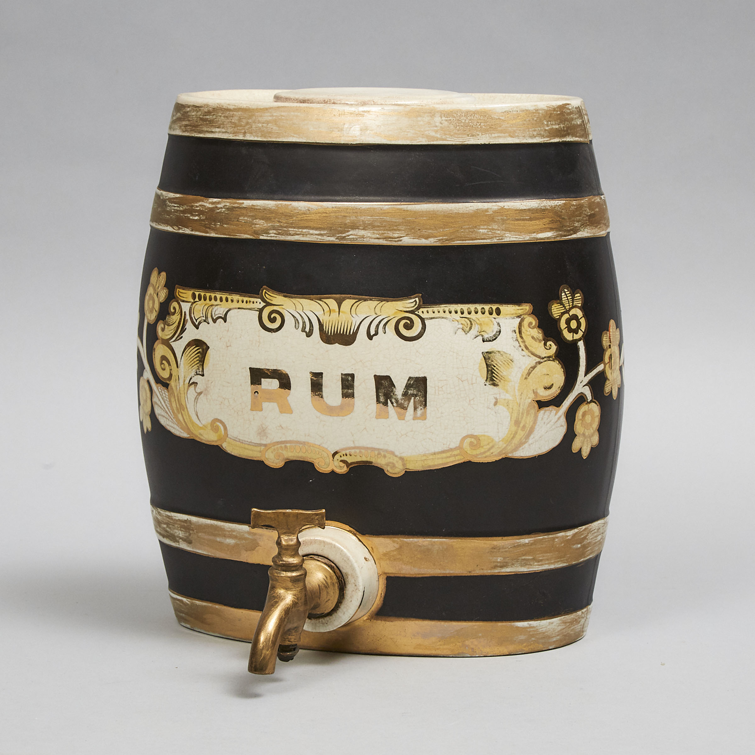 English Ironstone Barrel Form Rum Cask, mid 19th century