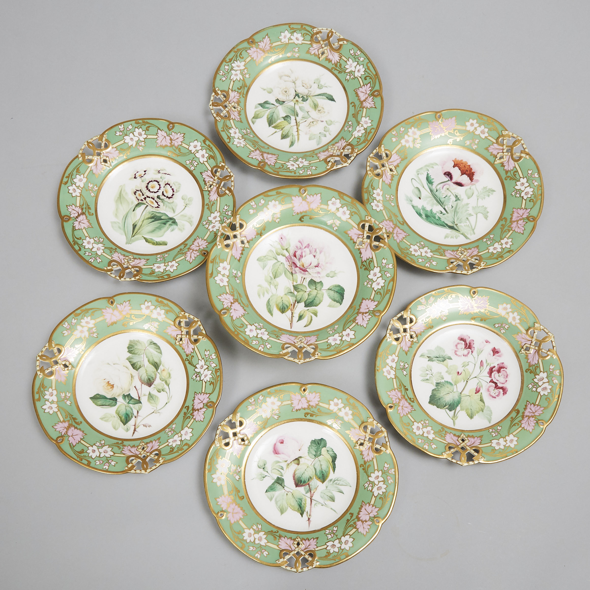 Six Ridgway Botanical Dessert Plates and a Comport, c.1840