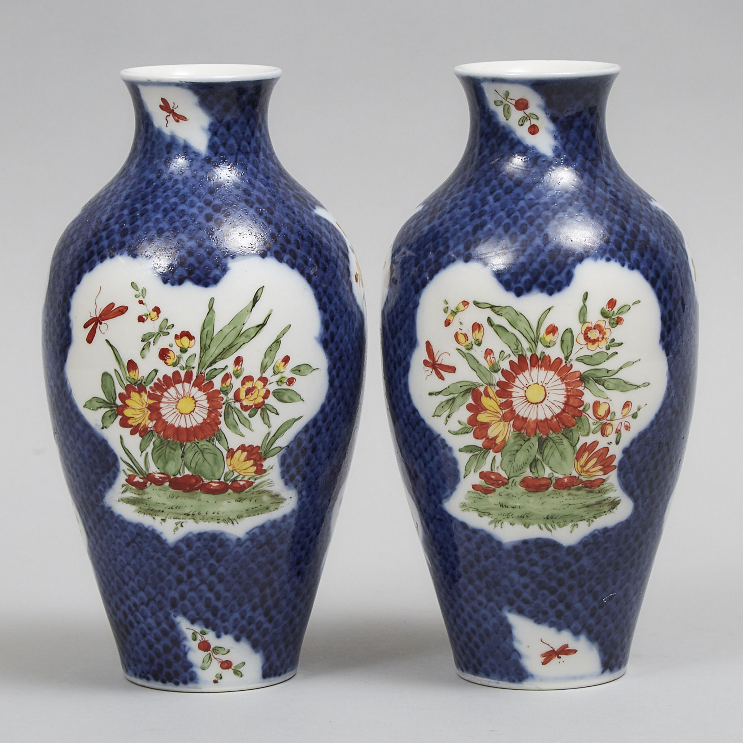 Pair of Samson ‘Worcester’ Scale Blue Ground Vases, early 20th century