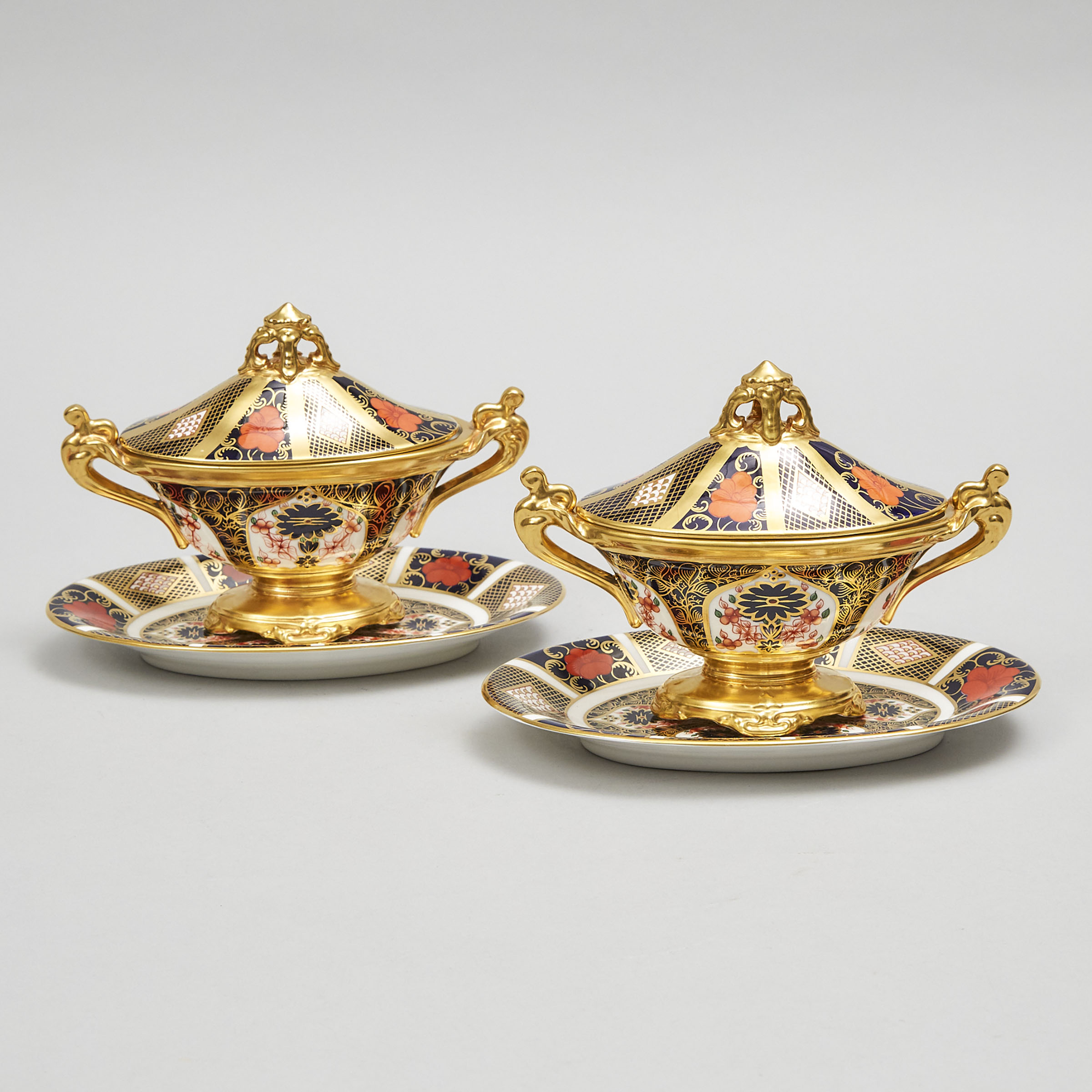Pair of Royal Crown Derby 'Imari' (1128) Pattern Covered Sauce Tureens on Stands,  1974-79